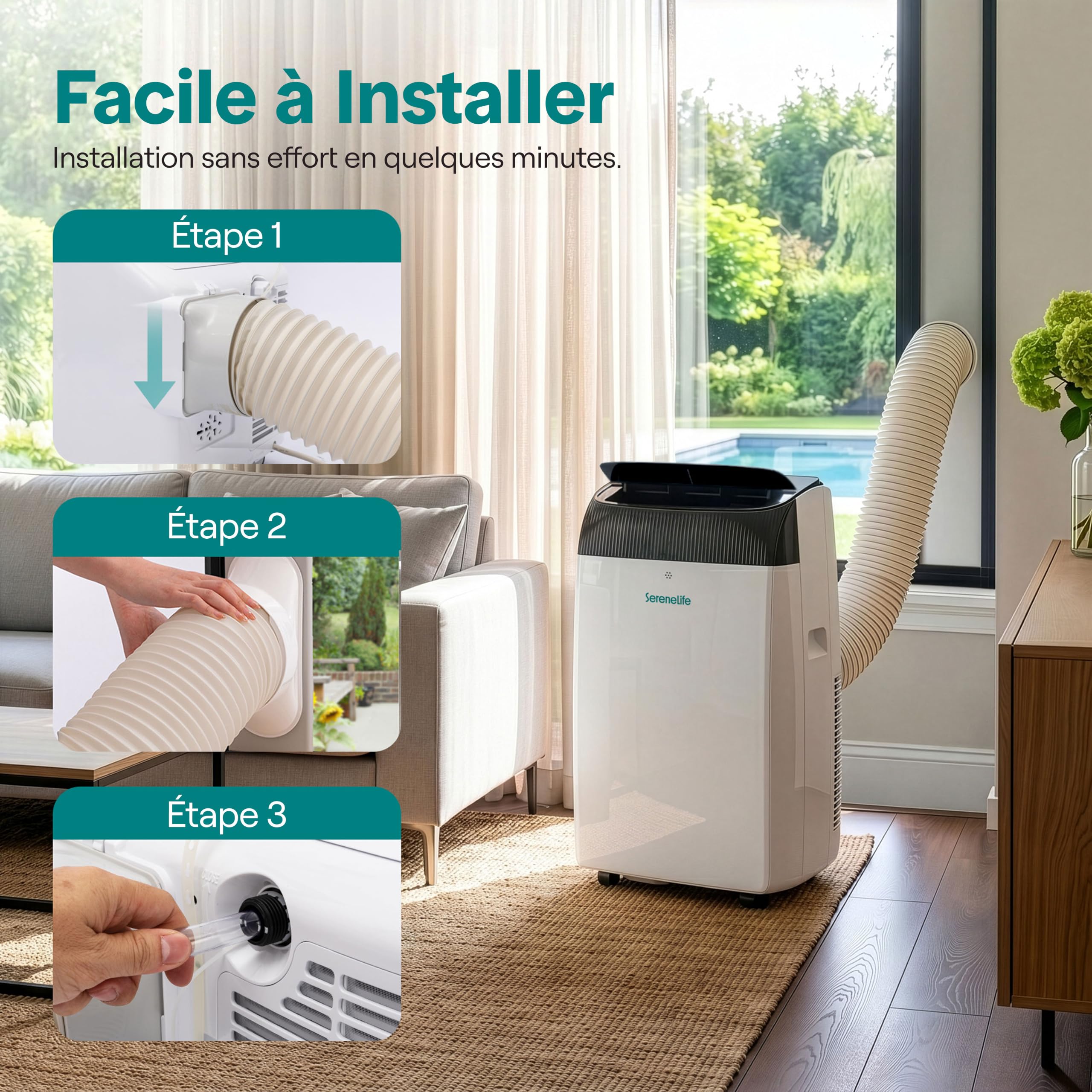 SereneLife Climatiseur Mobile 12000 BTU (3,52 kW), Wi-Fi, 3 En 1 Refroidissement, Déshumidification et Ventilation, Silencieux, Roulettes, Minuterie, Jusqu’à 40 m²