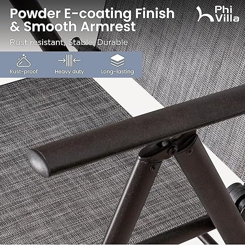 Miniatura 6 de PHI VILLA Juego de 2 sillas de comedor plegables para patio al aire libre, sillas ajustables de respaldo alto reclinables con reposabrazos para