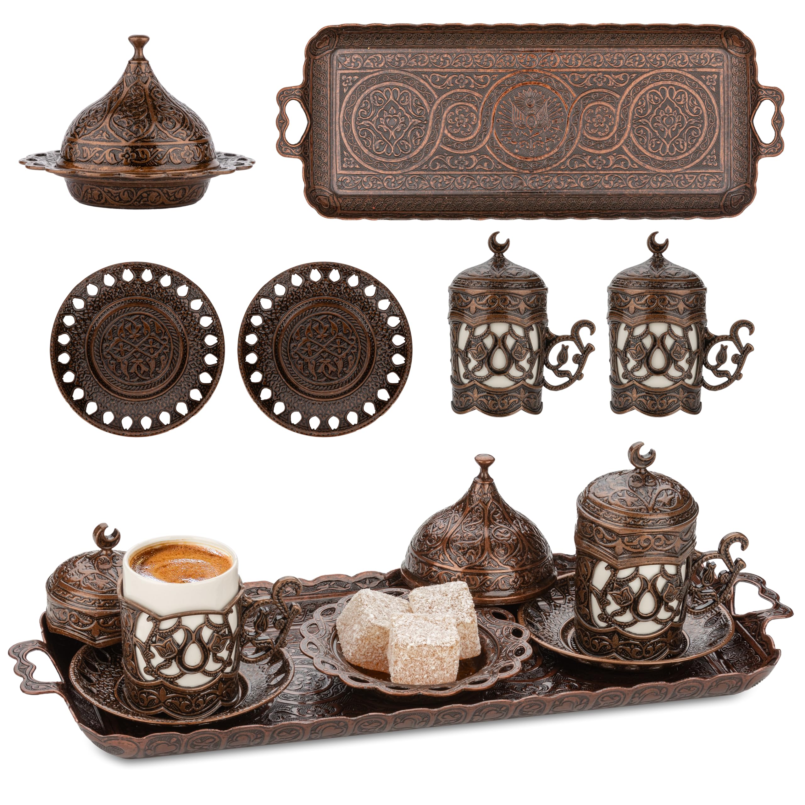 Alisveristime Hilal Türkisches Kaffeeservice mit 2 Tassen und Tablett (Kupfer)