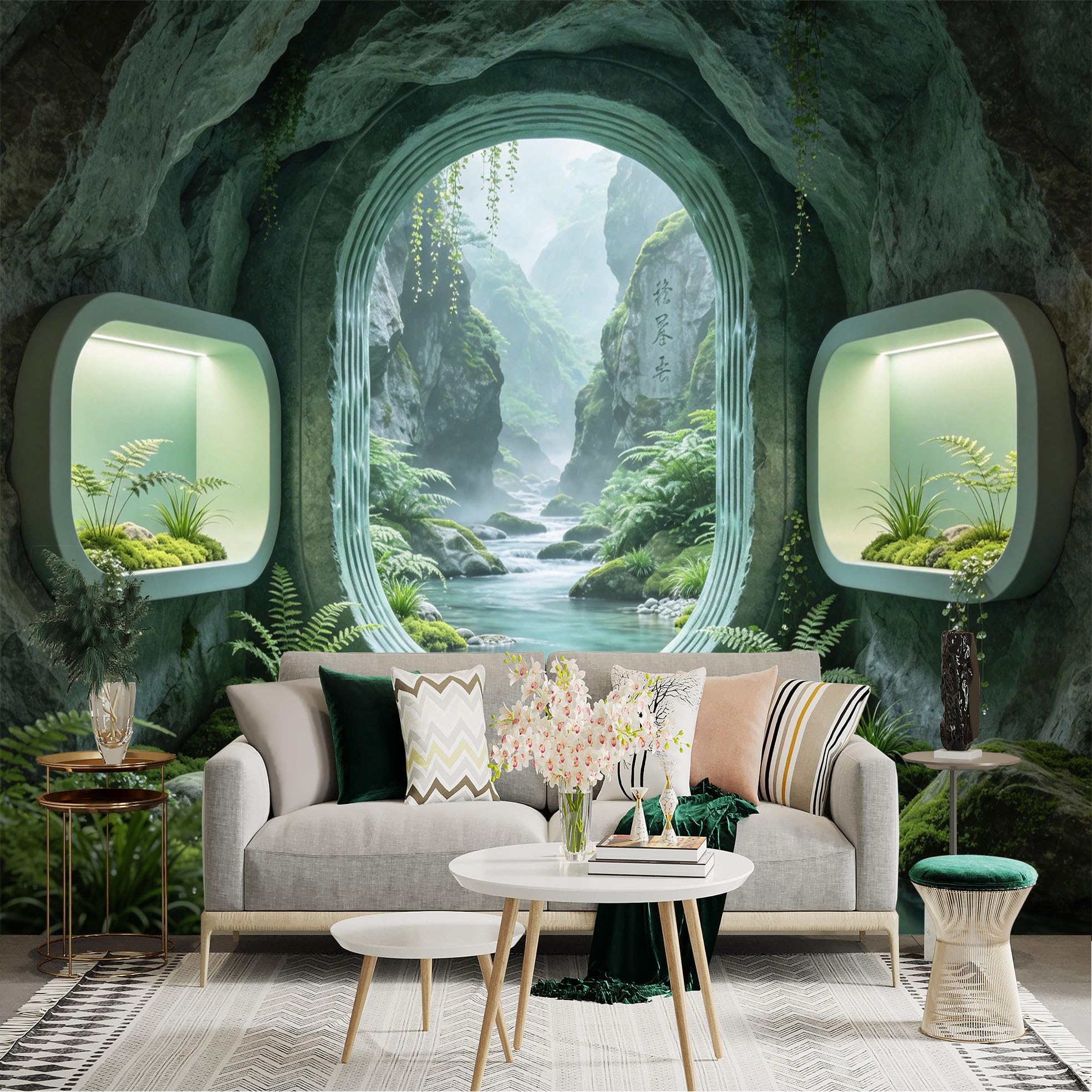 Custom Size Wall Sticker Mural， Fantasy Cave with River， Green Moss and Fern Landscape， for wall Decoration， peelandstick wall Decals.