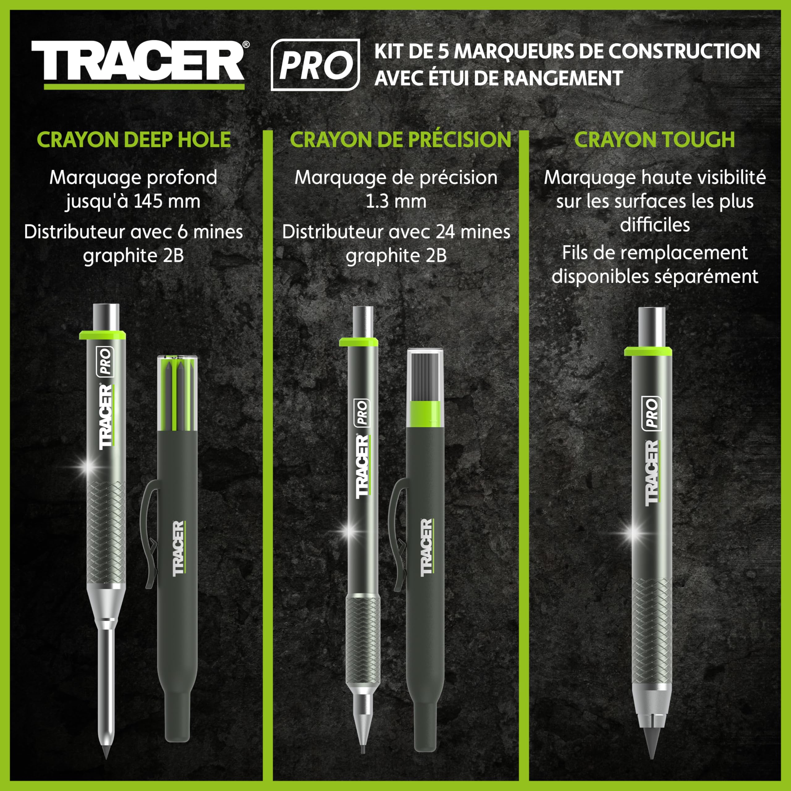 Tracer Pro Series – Kit de 5 marqueurs de construction avec étui de rangement – Crayon de charpentier à trou profond, crayon de précision, crayon résistant et distributeurs de mines de rechange