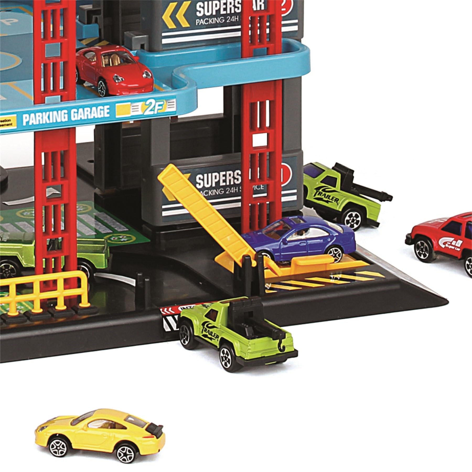Parcheggio giocattolo per bambini con 4 livelli, ascensore e stazione di servizio, set da gioco incl. 4 auto in metallo e un elicottero, garage per auto con piazzola di atterraggio per elicotteri per