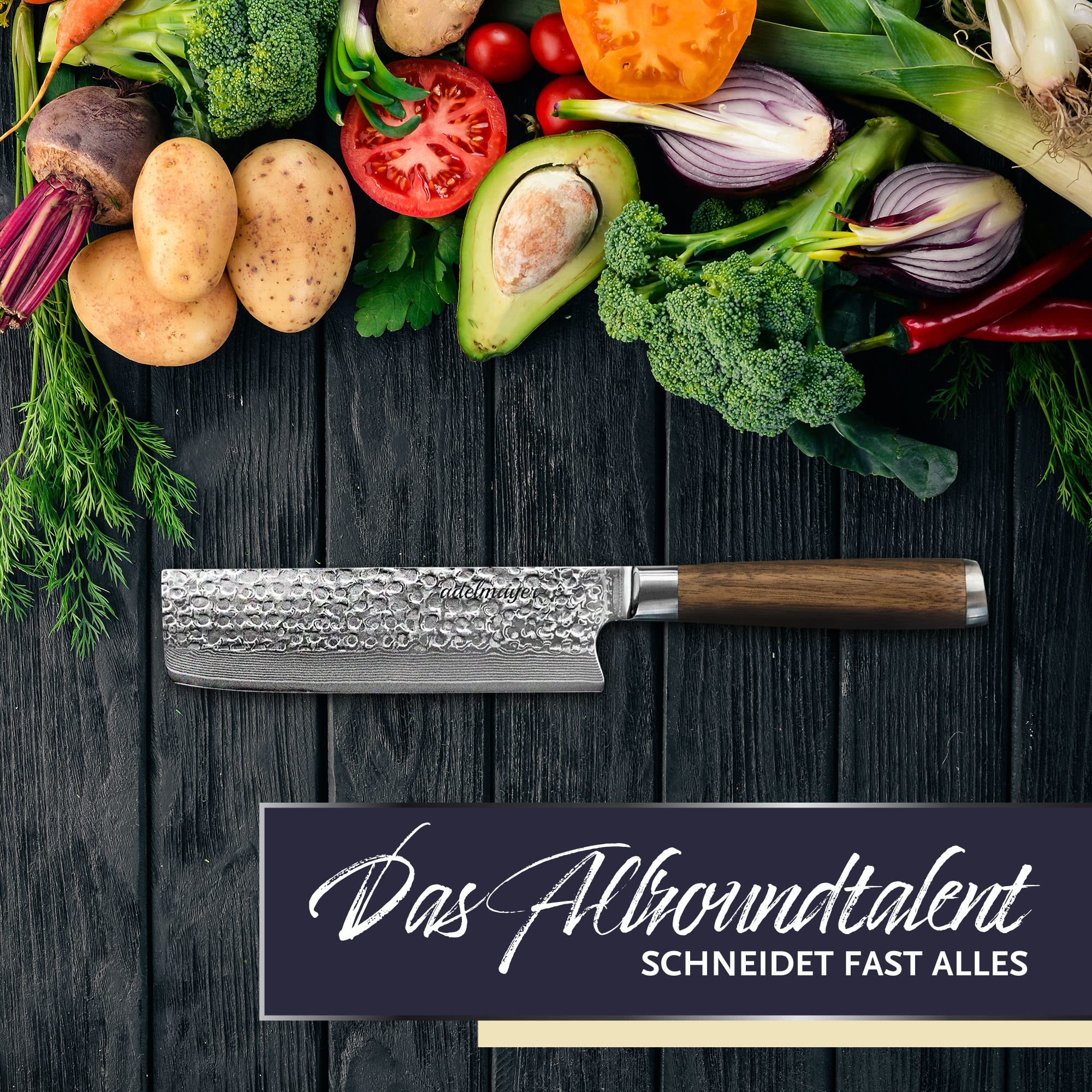 Damastmesser - Nakiri Messer scharf (Klinge: 17,5 cm) - Hackmesser aus japanischem Damast-Stahl & Walnussholz mit Geschenkbox