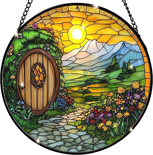 Sunshine Cottage Stained Glass Sun Catcher - Handcrafted 7.87 Inch, Shire Style Art Catcher Decor, Stained Glass Window Hanging, Outdoor Garden Decor Gift, Gift for Friends, Family, Coworkers