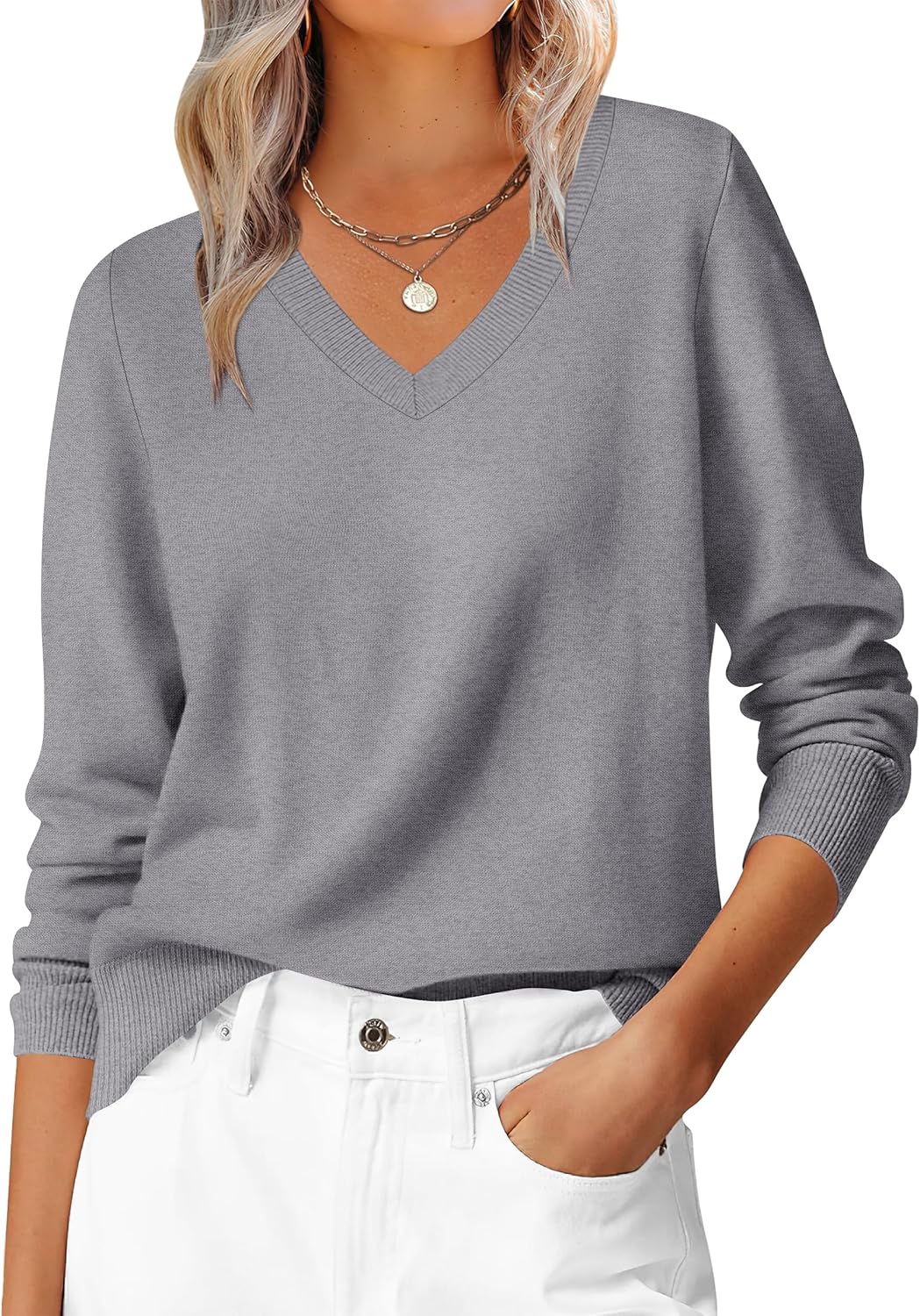 ANRABESS Womens Long Sleeve V Neck Sweaters 2025 Fall Casual Classic Soft Loose Fit Basic Pullover Jumper Top
