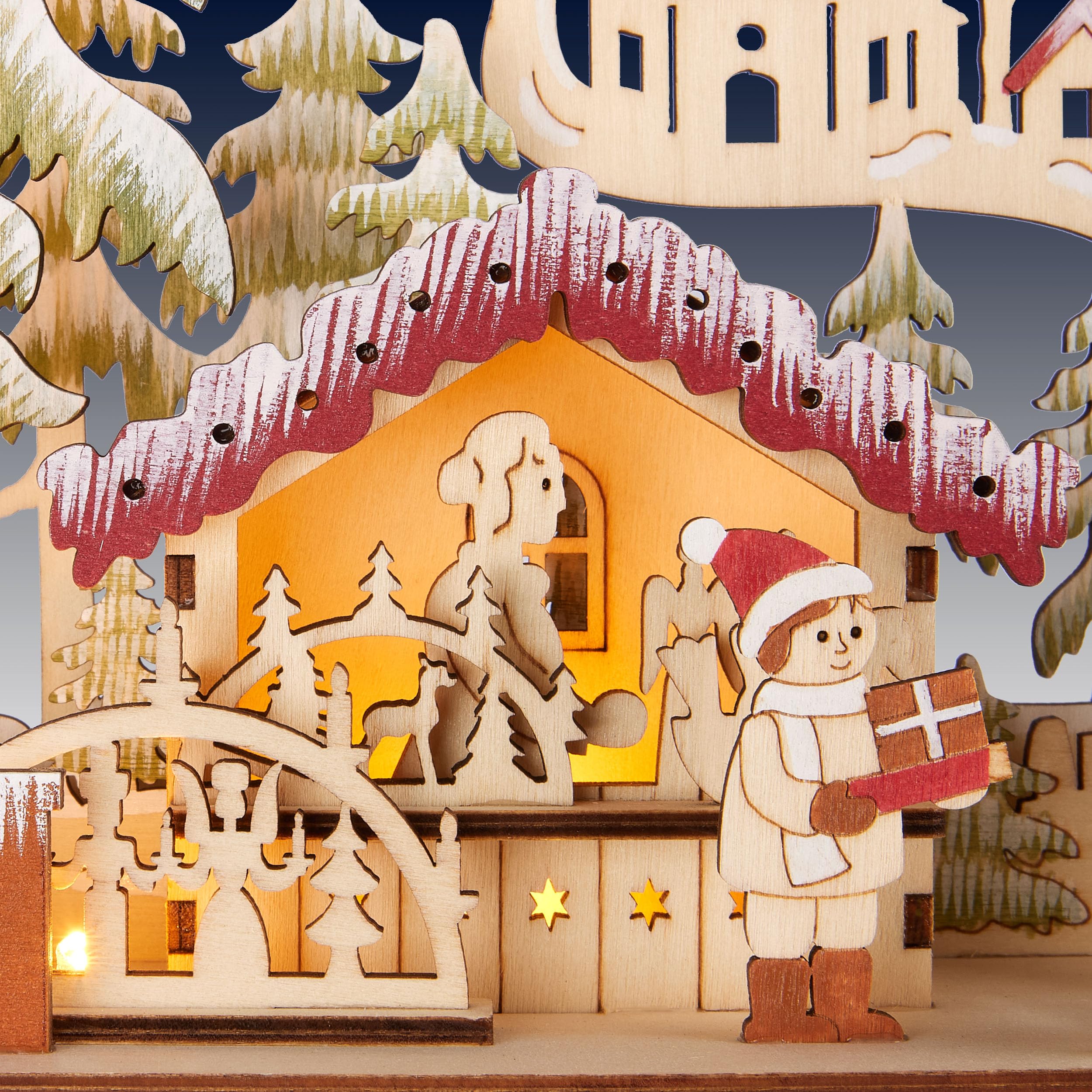 BRUBAKER Adventskalender zum Befüllen - Weihnachtsdorf 2026 | Holz Weihnachtskalender mit LED Beleuchtung - Dorf mit Kindern, Bäckerei, Hund & Wald - 40 cm Kalender mit Bogen - Beleuchtet