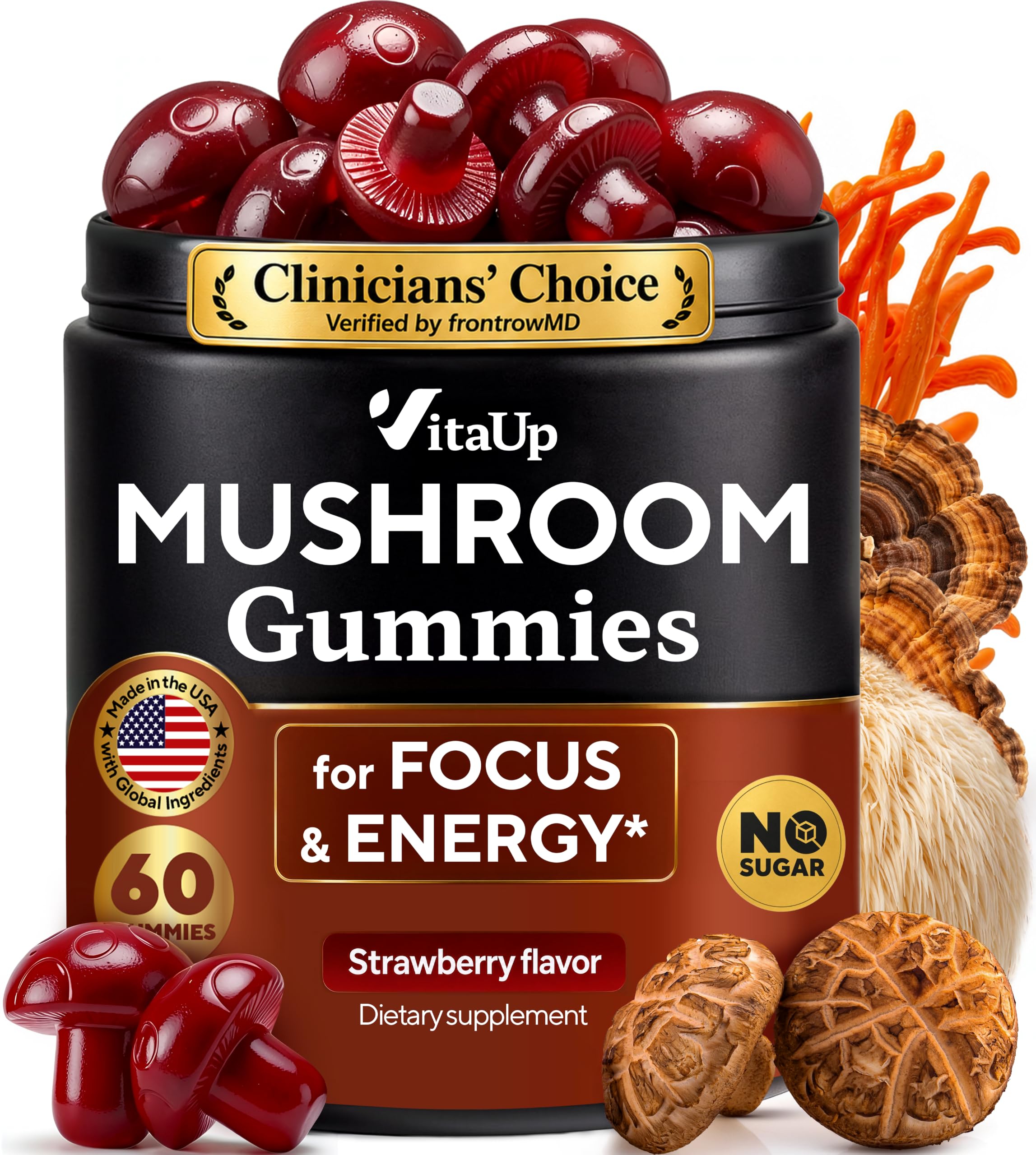 VitaUp Mushroom Supplement - USA Made Mushroom Gummies - Mushroom Complex with Lions Mane, Cordyceps, Turkey Tail, Reishi, Shiitake for Cognitive & Immune Support - 60 Count