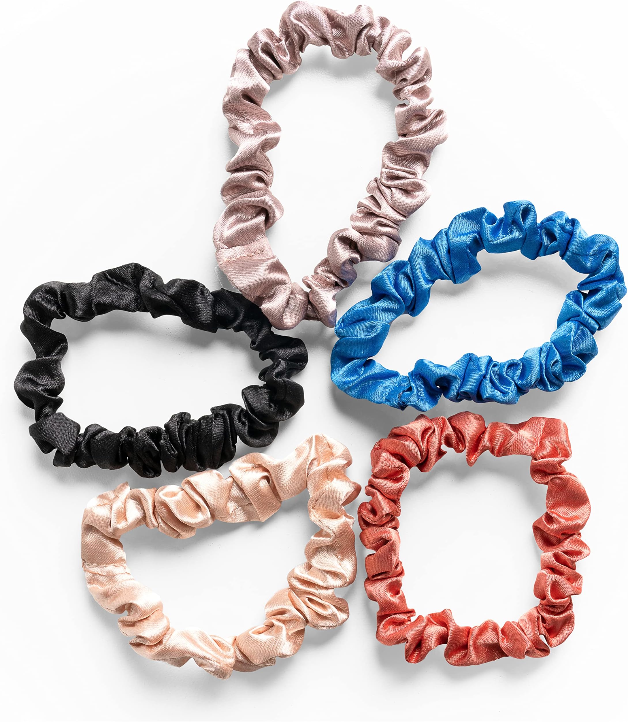 Skinny Scrunch Satin Scrunchies for Women & Kids - No Crease, Frizz Free, Gentle Hair Ties with Storage Ring - Soft Scrunchies Glide Without Snagging for All Hair Types - Multicolor, 5 Pcs