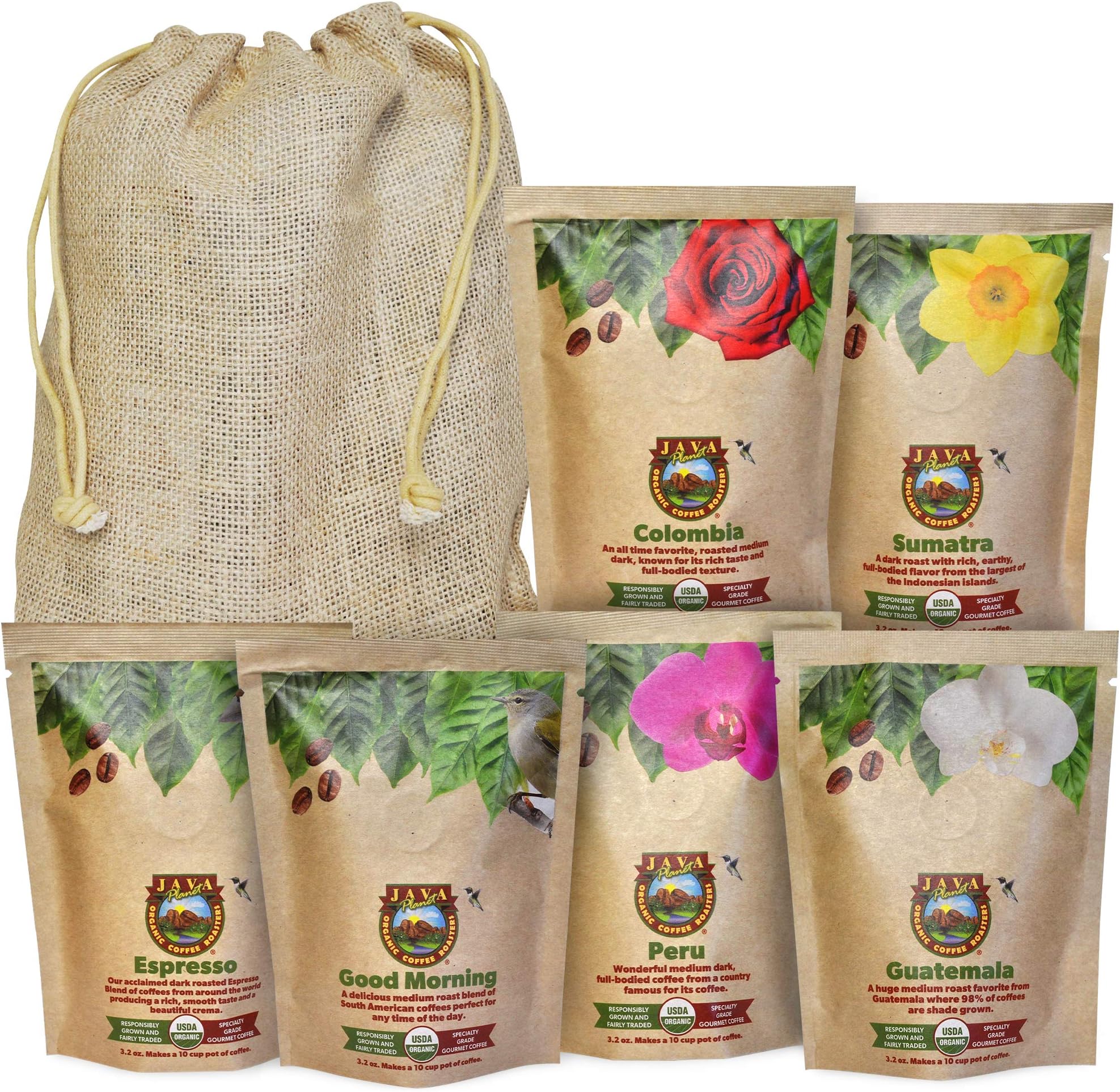 Coffee Gift Basket Sampler Set, for Coffee Lovers in Linen Bag: Low Acid Organic Beans: Whole Bean, Mold-Free & Stomach Friendly - Arabica Gourmet, 1.32 LBs (19.2 oz) packaged in 6 Bags Each 3.2 oz