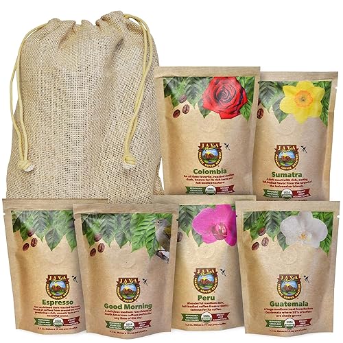 Miniatura 10 de Java Planet paquete de muestra de granos de café enteros orgánicos USDA café de alta calidad arábica gourmet empaquetado en seis bolsas de 32oz