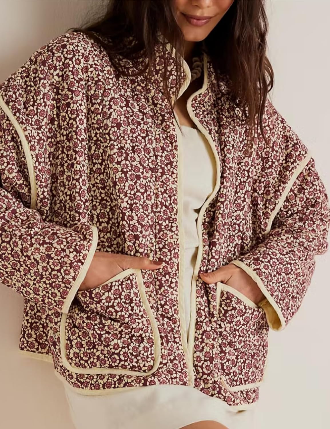 OPCAKM Women's Cropped Floral Print Quilted Jacket Lightweight Coats Open Front Puffer Outerwear - Image 2