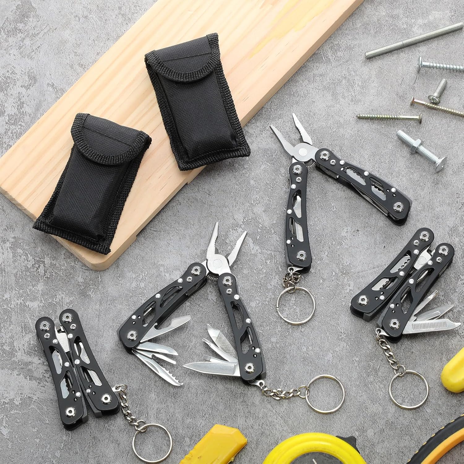 Lasnten 10 Sets Small Multitool Pliers Gift for Men, Stainless Steel Multi Tool with Oxford Cloth Cover, Pliers Foldable Knife Bottle Opener Screwdriver Apply to Camping Dad Gifts (Black)