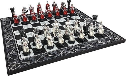 Miniatura 2 de Medieval Times Crusades - Juego de ajedrez blindado de caballeros malteses rojos y blancos con tablero de 17 pulgadas