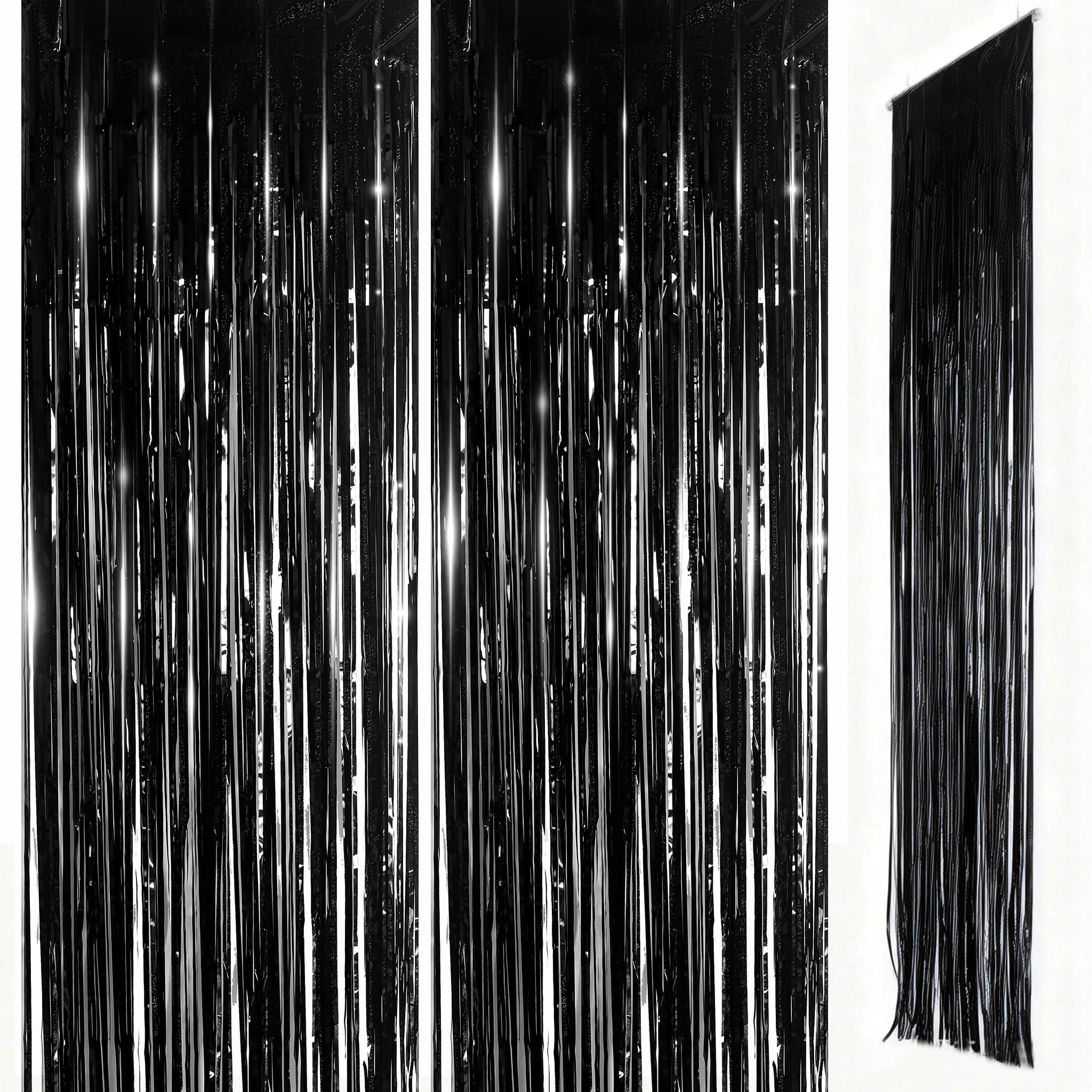Black Foil Door Curtain Decorations, 2pcs 3.2ft x 8.3ft Tinsel Curtains Fringe Backdrop, Black Streamers Door Hanging Decoration for Halloween Birthday Wedding Bridal Shower Bachelorette Party. — image 1