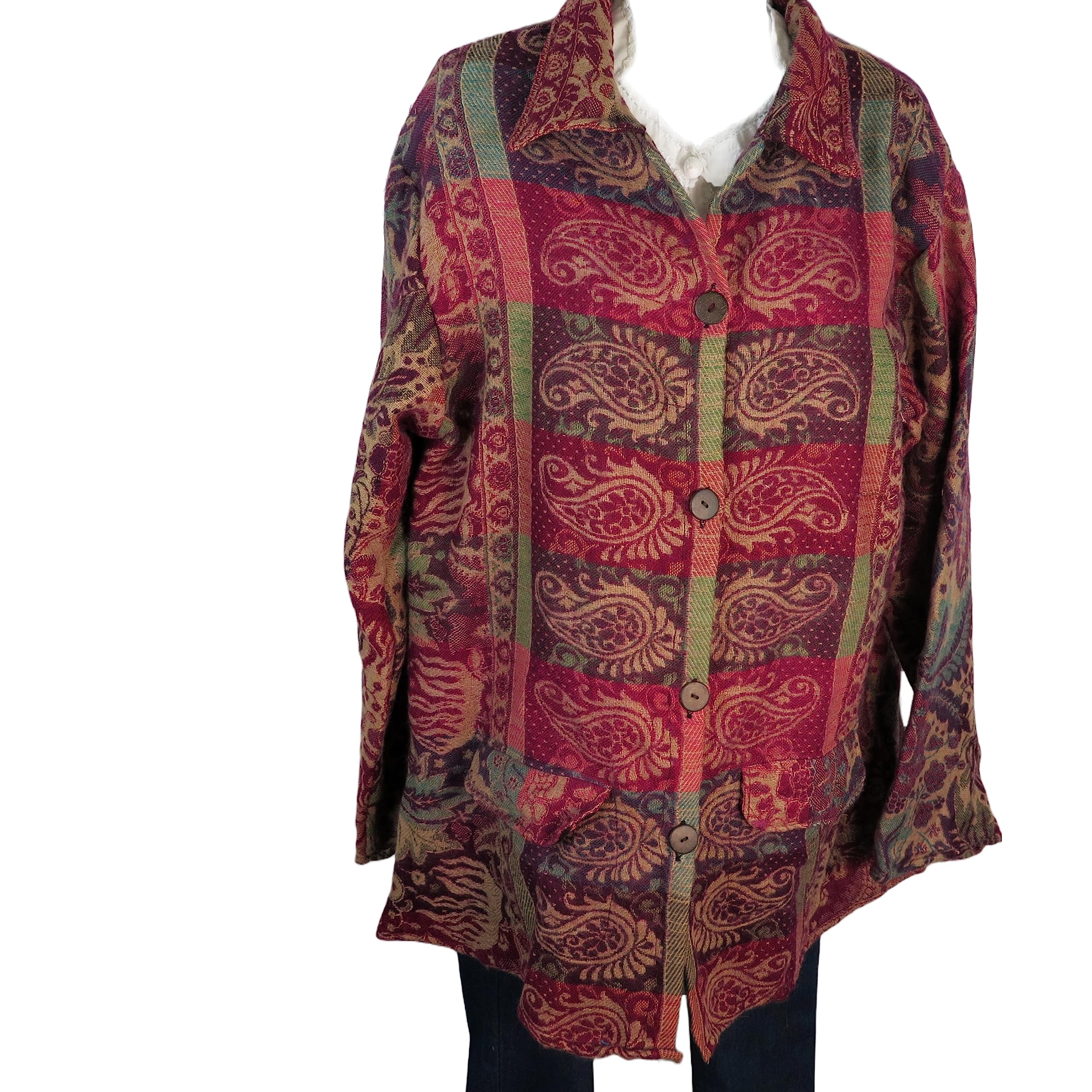 Jacket | 4 Button | Collar | Paisley Design | Boho | 60s | Designer | Full Sleeve | Handloomed Yak+Sheep Wool Blend | Dark Red & Red | L > XL