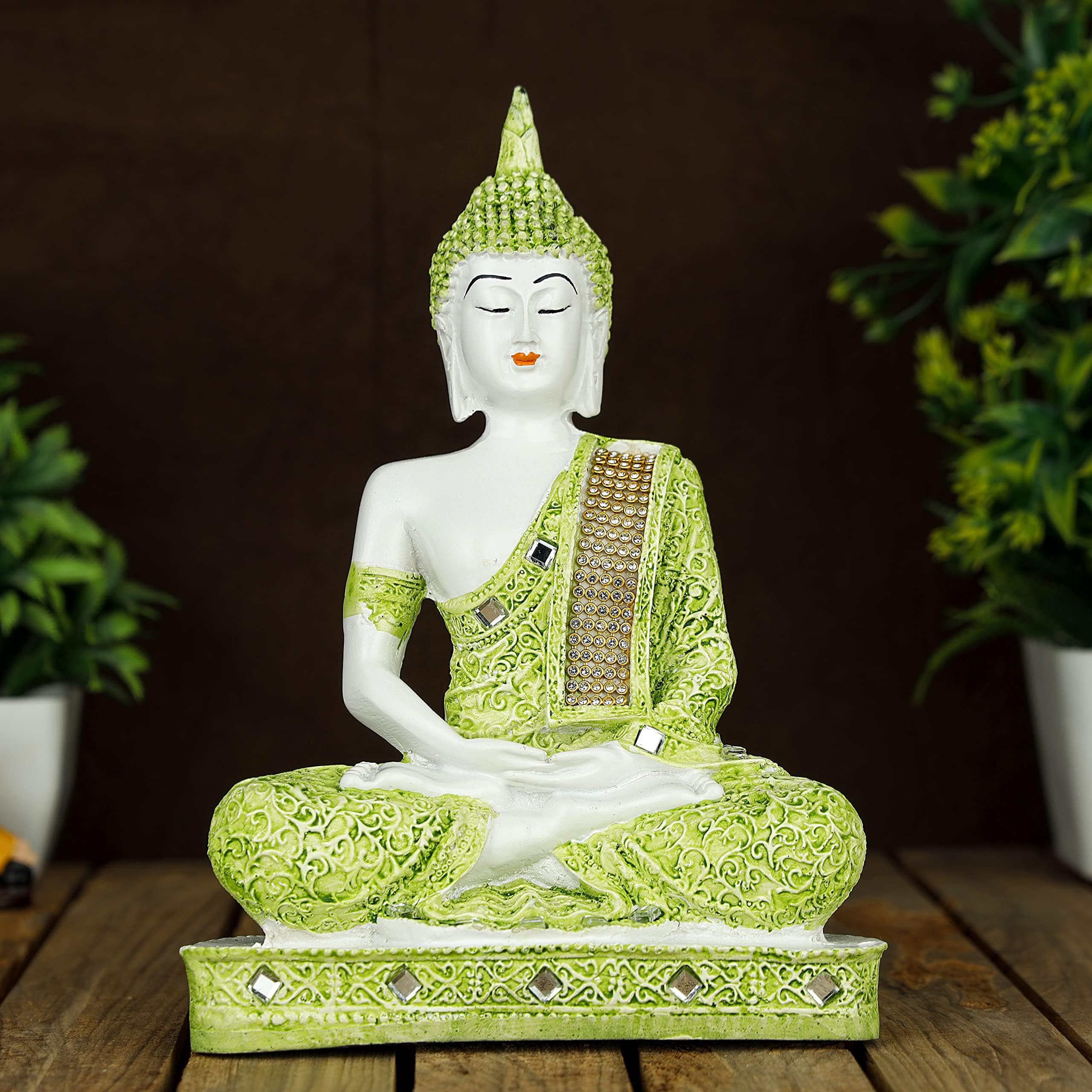 Polyresin Sitting Buddha Idol Statue Showpiece for Home Decor Decoration Gift Gifting Items-GRE_WT/MT-BS2-(00), Green