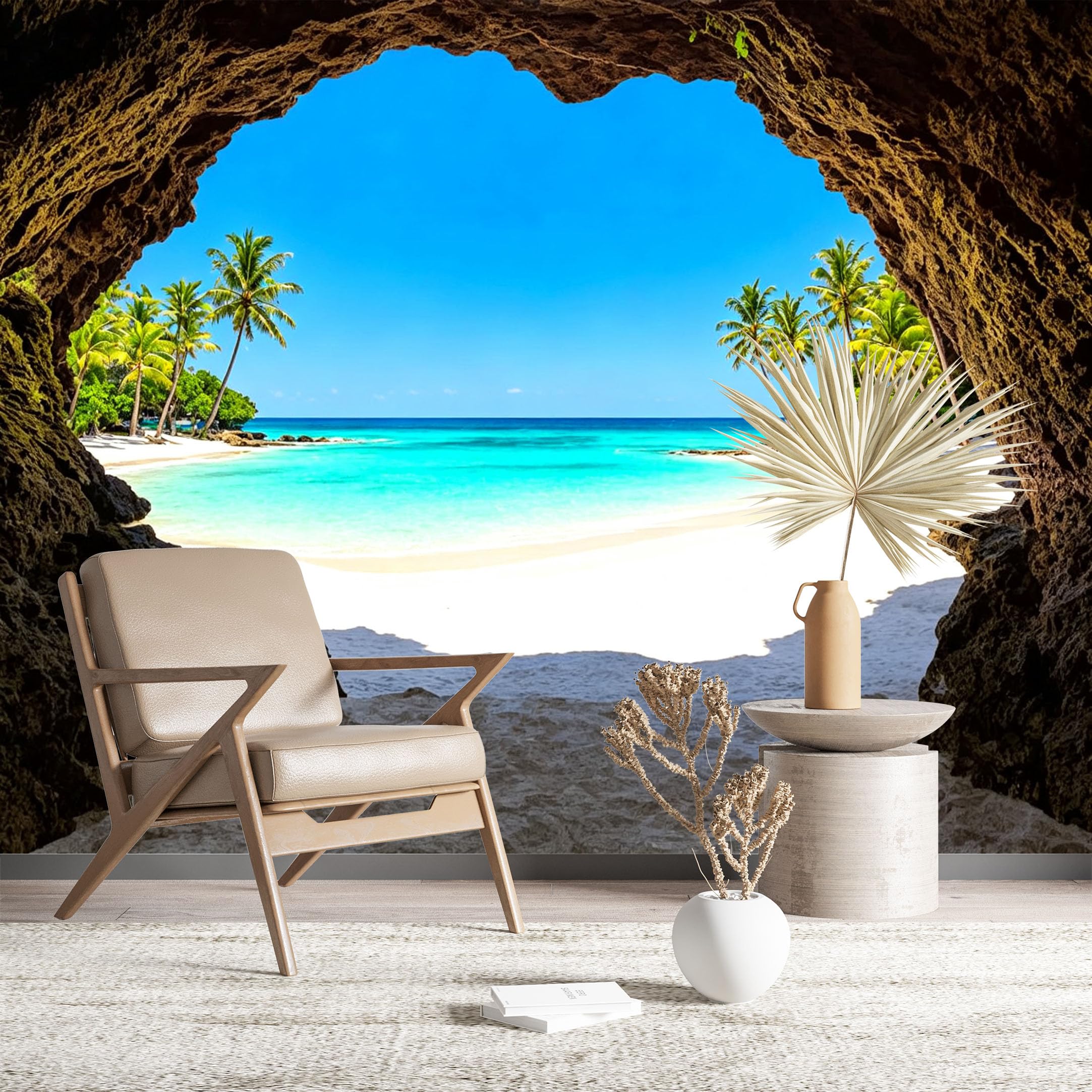 Custom Size Wall Murals Tropical Beach Cave View Wall Murals Ocean Wallpaper HD Self-Adhesive Removable Wallpaper for Living Room Bedroom