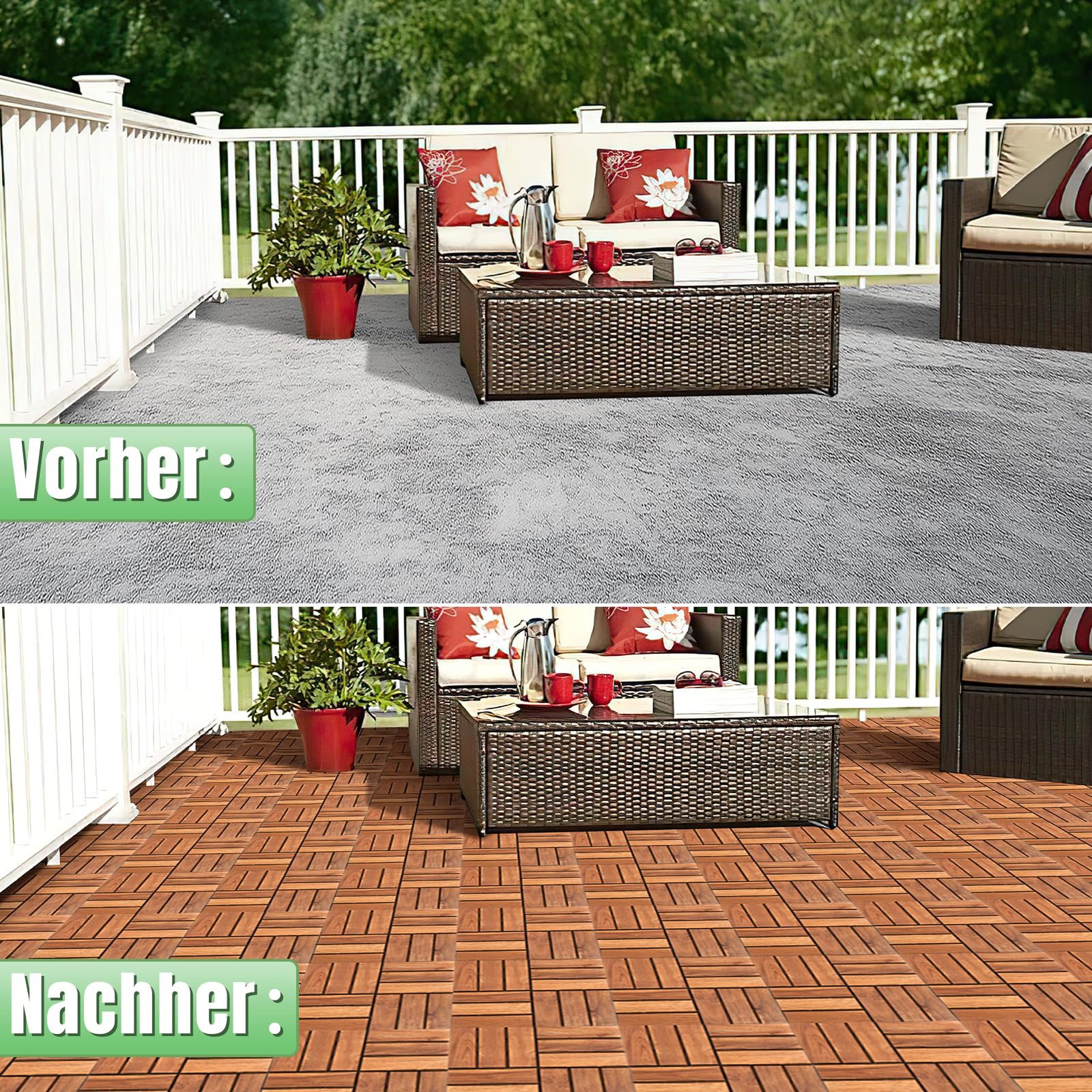 5m² Holzfliesen Balkonfliesen Terrassenfliesen 30 x 30 cm, Balkonboden Wetterfest, 12 Latten Fliesen aus Akazien Holz, für Terrassen Balkon Garten(55 Stück)