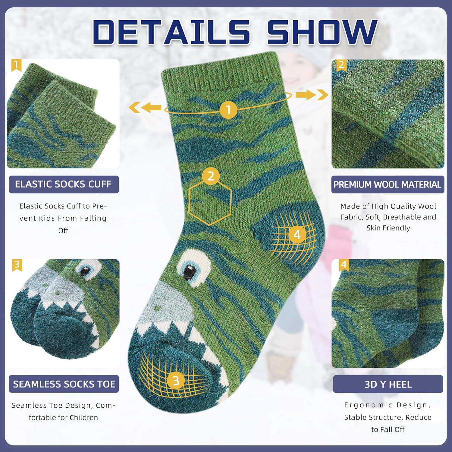 Eocom Kids Wool Socks For Boys Girls Warm Hiking Thermal Winter Cozy Soft Thick Toddlers Crew Boot Socks 6 Pairs - Image 5