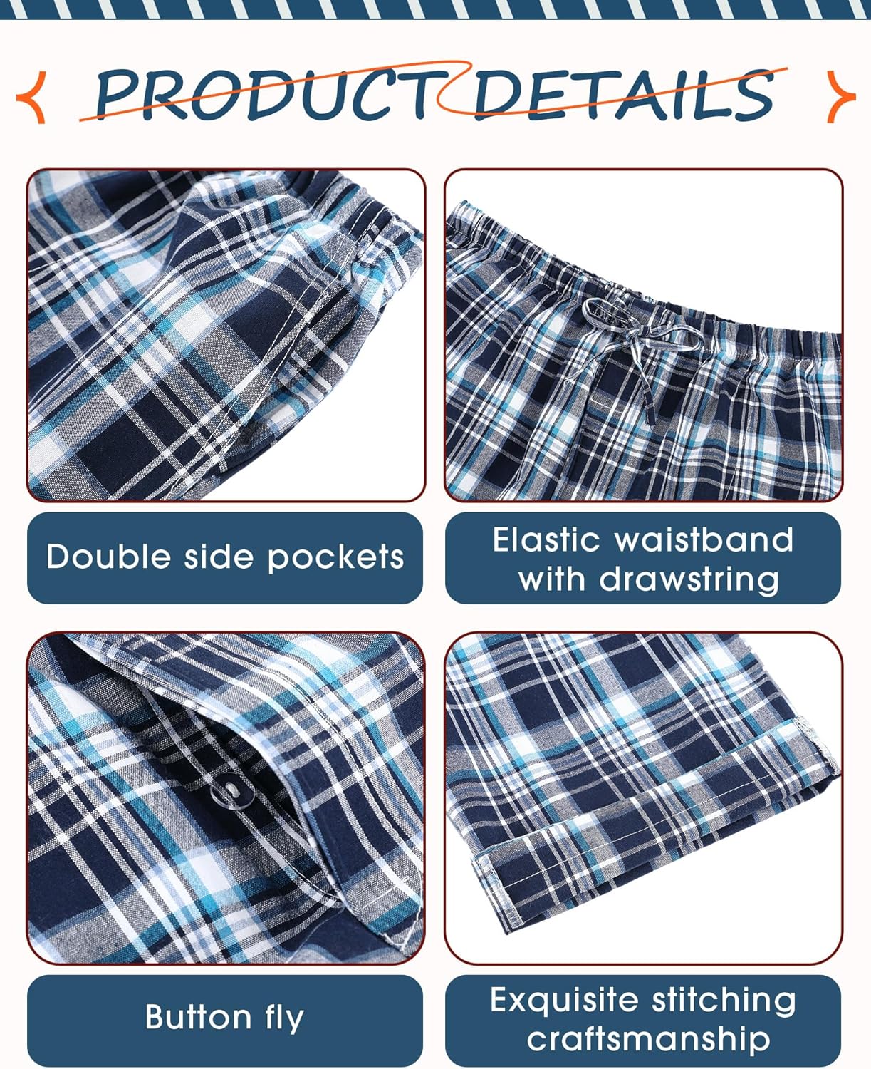 6 Pack Mens Pajama Pants Ultra Lightweight Plaid Bottoms Sleep Pant Cotton Sleepwear with Pocket Drawstring - Image 3