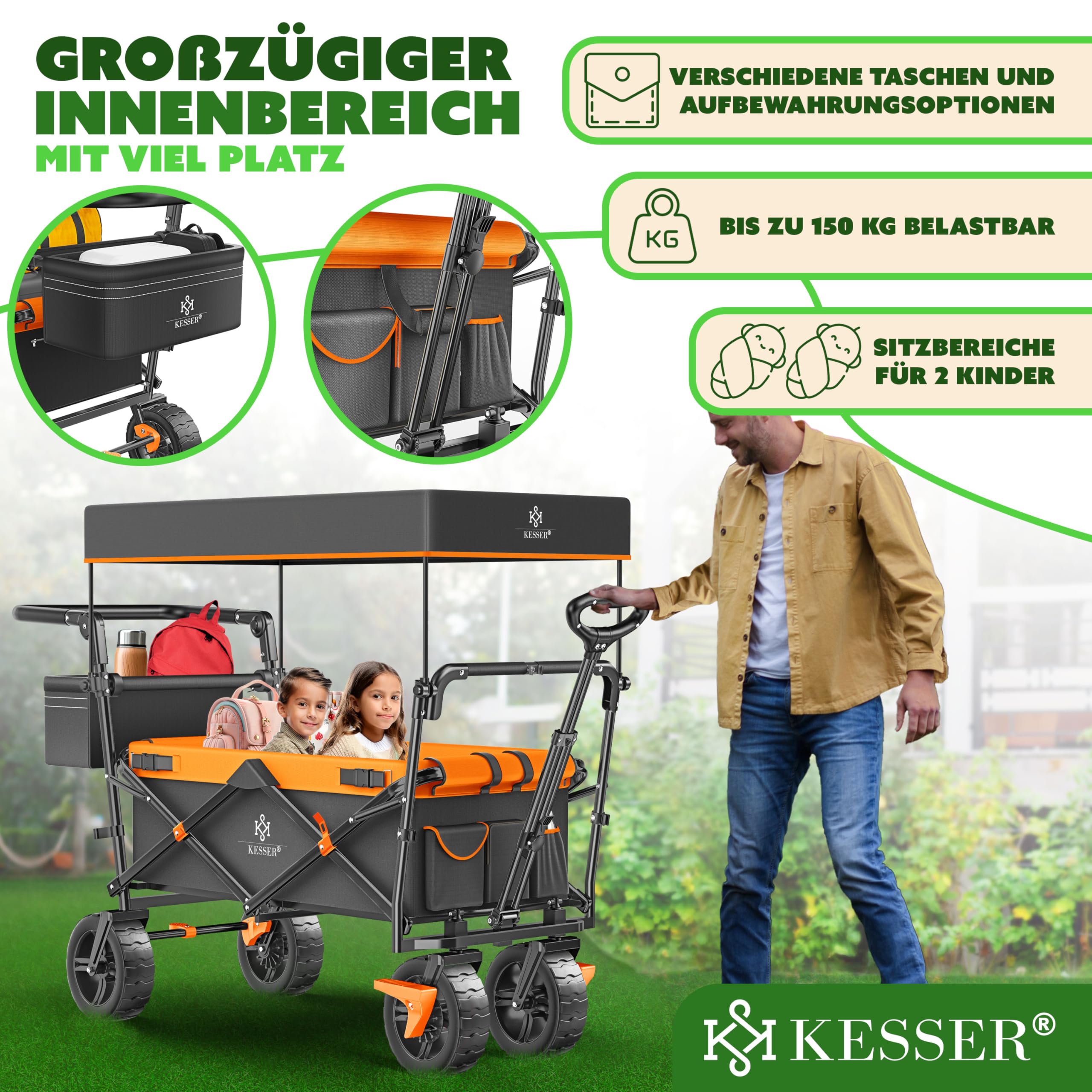 KESSER® XXL Bollerwagen faltbar mit Dach GT9000, klappbarer Handwagen bis 150 kg für Kinder, Strand, Camping & Garten, großer Transportwagen mit Hartgummi Rädern, Bremsen vorne & hinten + Tragetasche