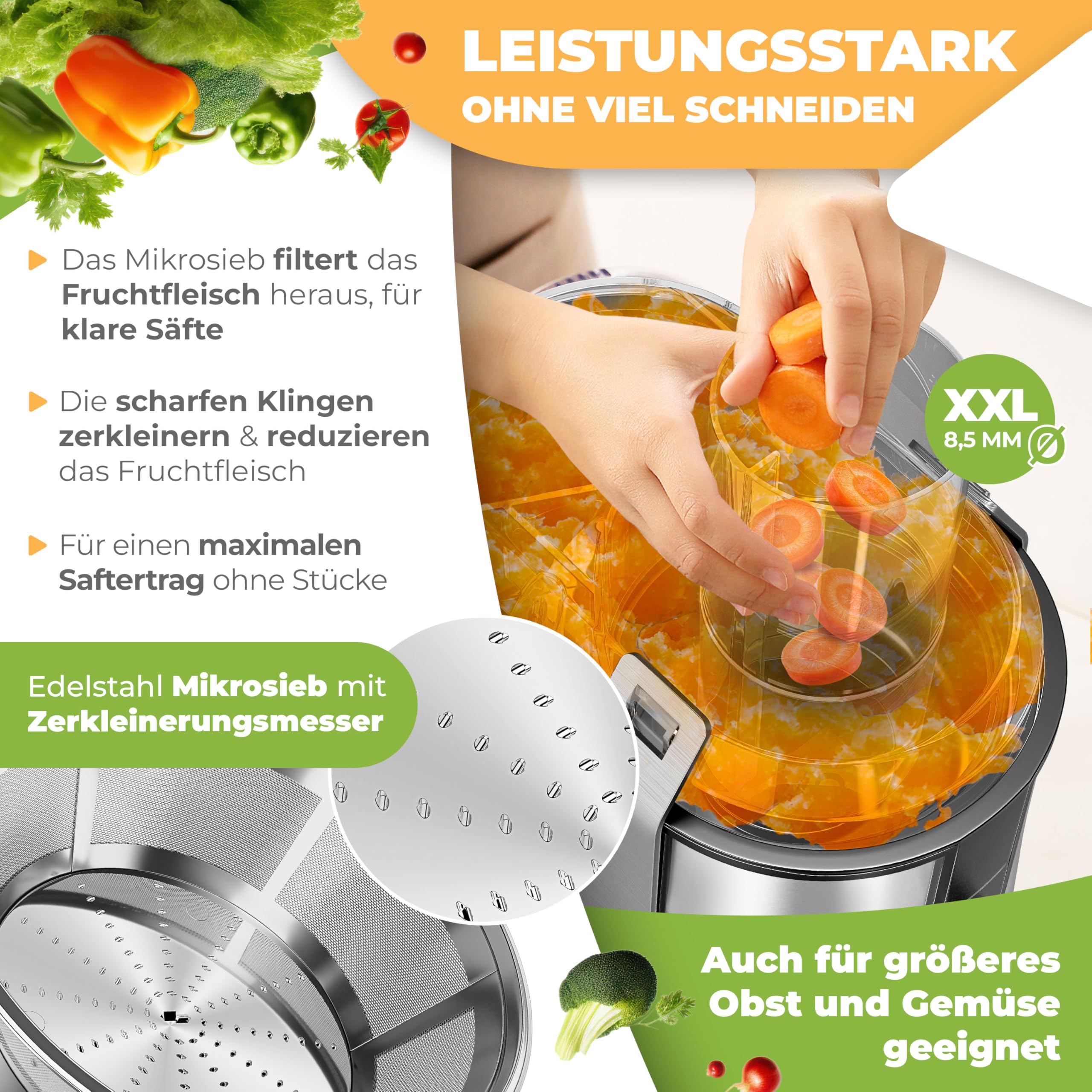 KESSER Zentrifuge Entsafter 1100W Edelstahl, Große Fütterungsröhre, 3 Stufen, Elektrische Saftpresse, Grau/Silber