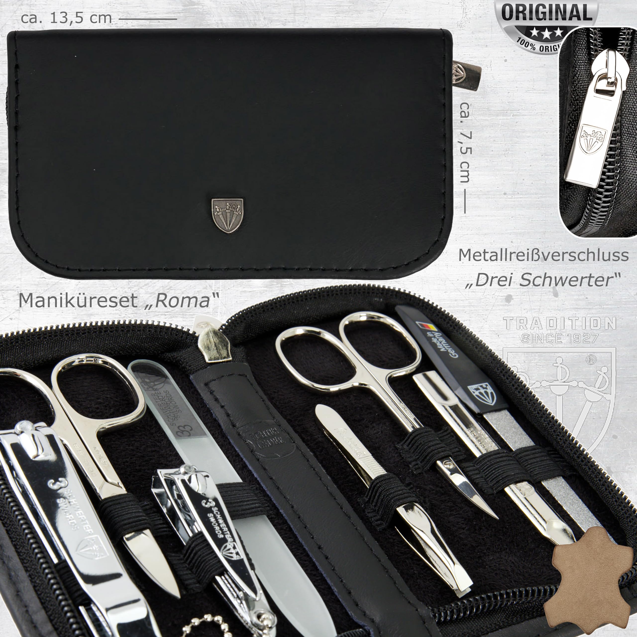 DREI SCHWERTER - Kit de manucure « Roma » – Étui à ongles avec 8 instruments : ciseaux à ongles, ciseaux à cuticules, coupe-ongles pied/doigts, cure-ongles, pince à épiler, lime à ongles en verre