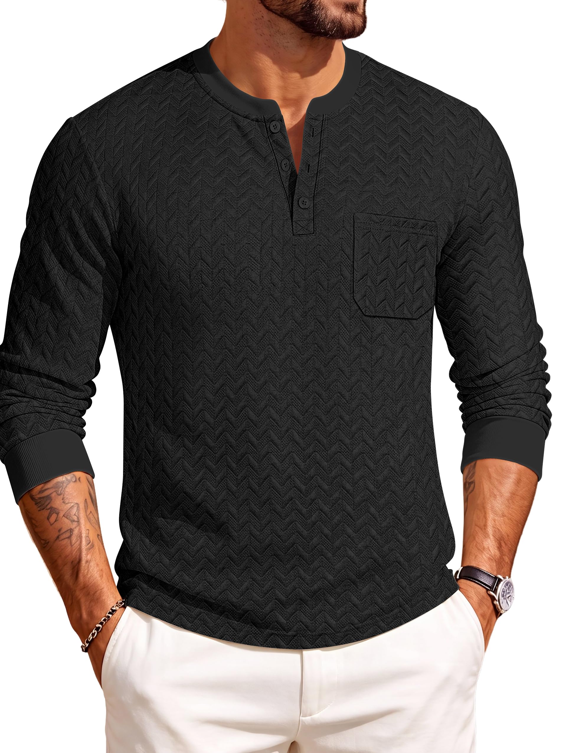 Gosuif Mens Henley Shirts Long Sleeve Knitted Casual Fashion T-Shirt | 3 Button Henley,Textured,Chest Pocket,Thermal Shirts,Ribbed Cuffs,Regular Fit,Daily Wear,Business,Fall Winter Shirt