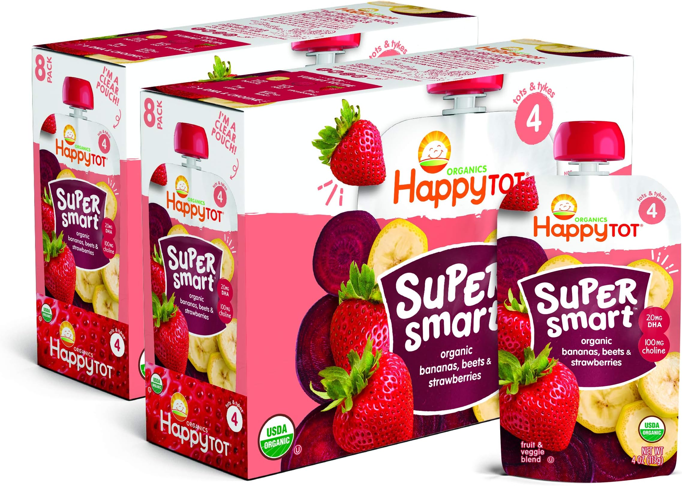 Happy Tot Organics Super Smart Stage 4, Bananas Beets & Strawberries, 4 Ounce Pouch (Pack of 16) packaging may vary