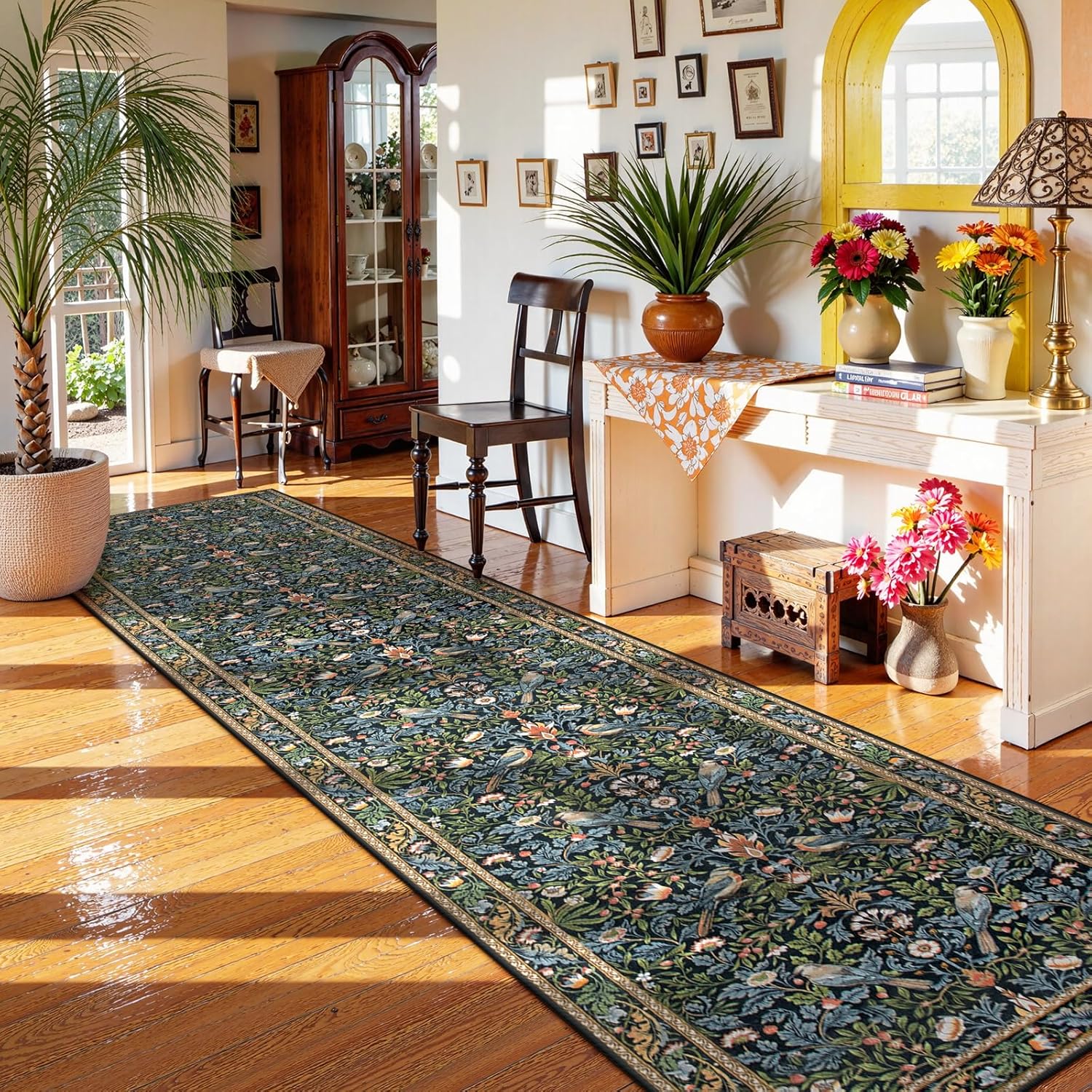 Morebes Washable Hallway Runner Rug 12ft, Boho Soft Non Slip Carpet Runners for Hallway 12ft, Vintage Floral Bird Long Carpet for Kitchen Entryway Laundry Room, Navy Blue