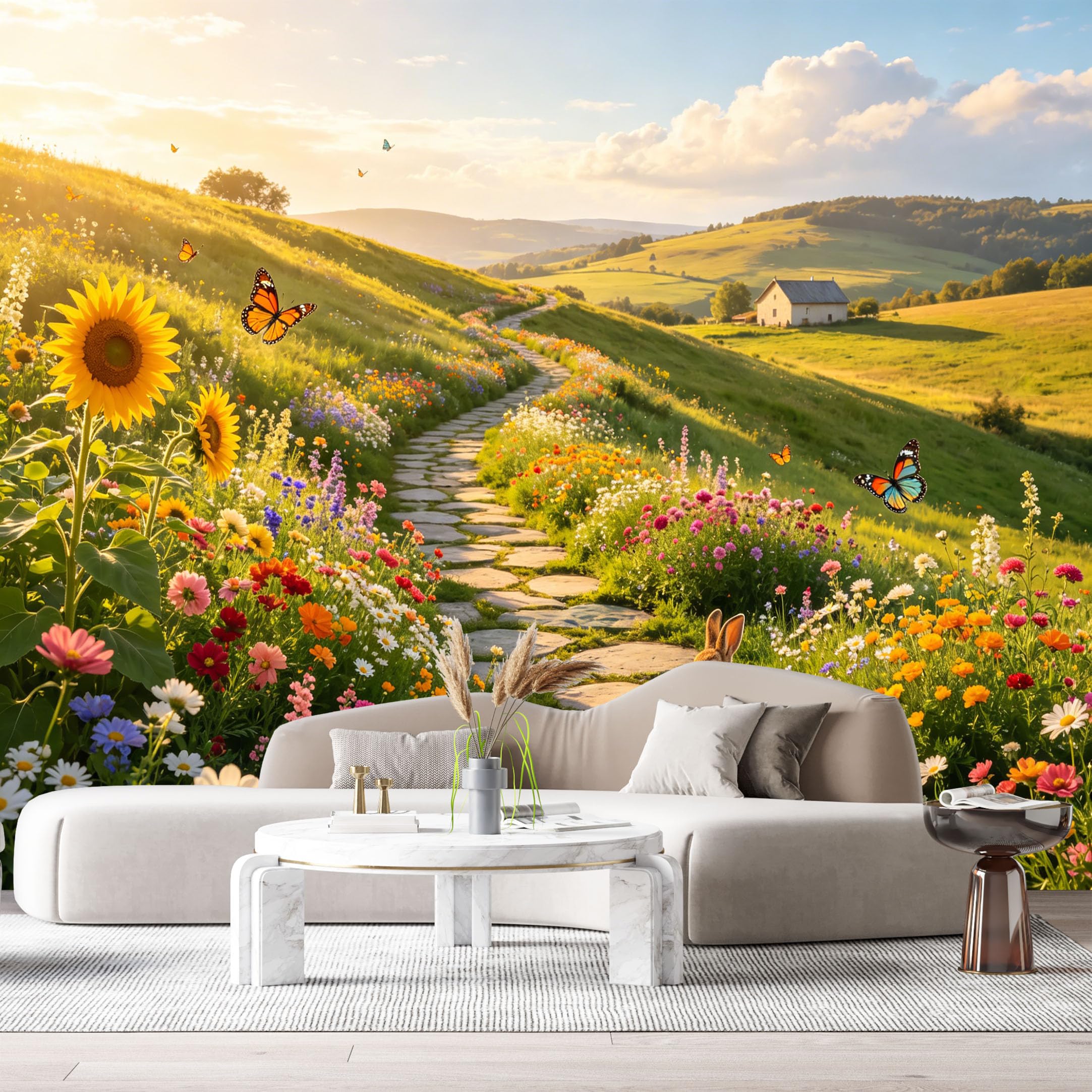 Custom Size Wall Murals Sunflowers Wildflowers Meadow Farmhouse Landscape Oil Painting Stone Path SelfAdhesive Wall Fabric Removable Large Wallpaper for Photo Living Room