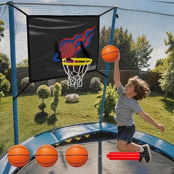 Trampoline Basketball Hoop, Adjustable Basketball Hoop for Trampoline with 3 Mini Balls and Pump, Universal Trampoline Accessories of All Ages, Trampolines Basketball Fit 8 10 12 14 15 16FT