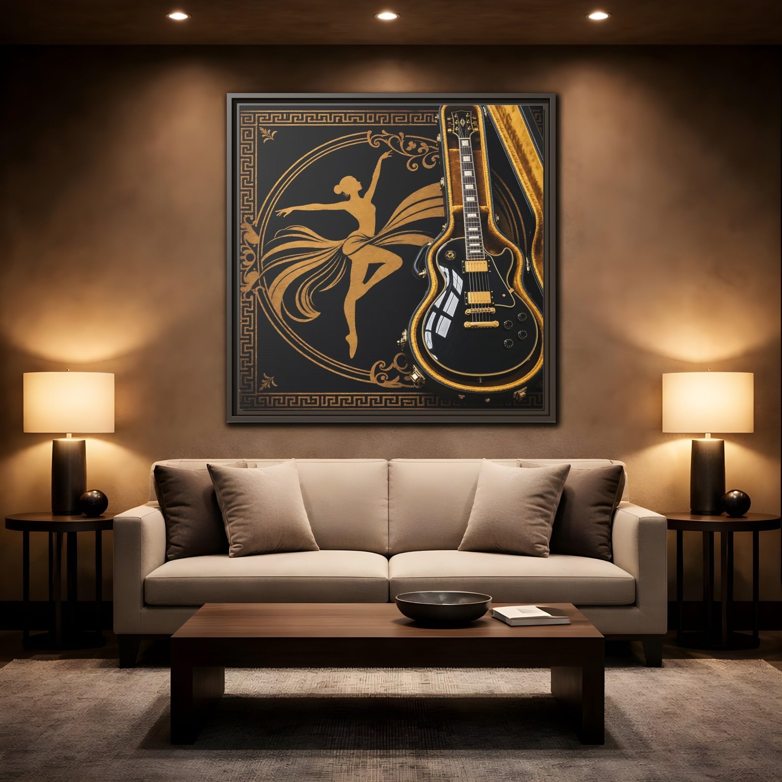 Vintage Dancer Guitar Black And Gold Framed Canvas Print – Art Deco Living Room, Above Fireplace 16×16 inch (40×40 cm) - Square/White / 1.25 inch (3 cm)