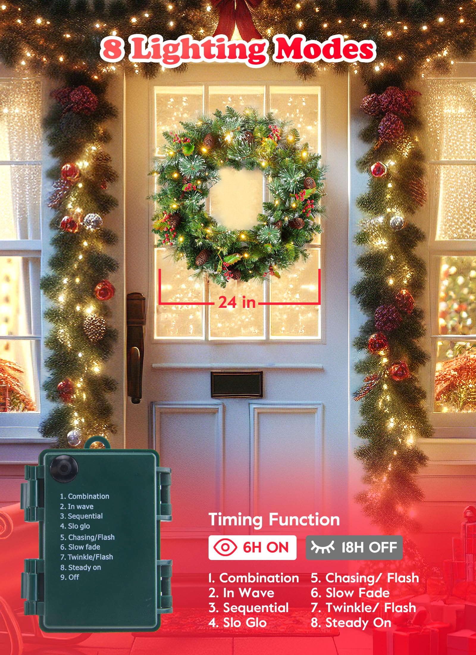 Ghirlanda natalizia artificiale pre-illuminata da 61 cm, alimentata a batteria, a LED, con aghi di pino, rami di bacche rosse, pigne illuminate, per porta d'ingresso, parete, finestra, ornamento