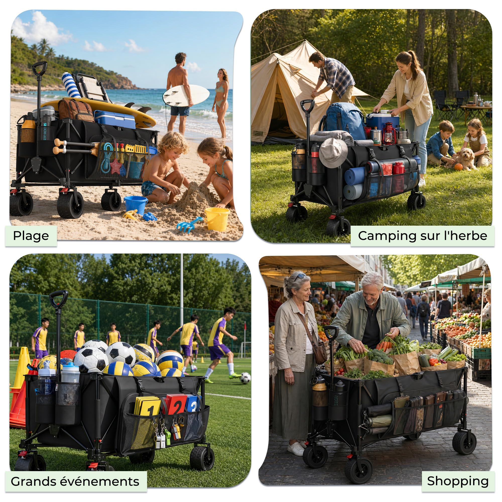 JUMMICO Chariot de Plage à roulettes Pliable ｜ Grande Capacité 260L ｜ Chariot de Transport Tout-Terrain ｜ Roues Ballon 17cm ｜ Double Frein ｜ pour Courses, Camping, Événements