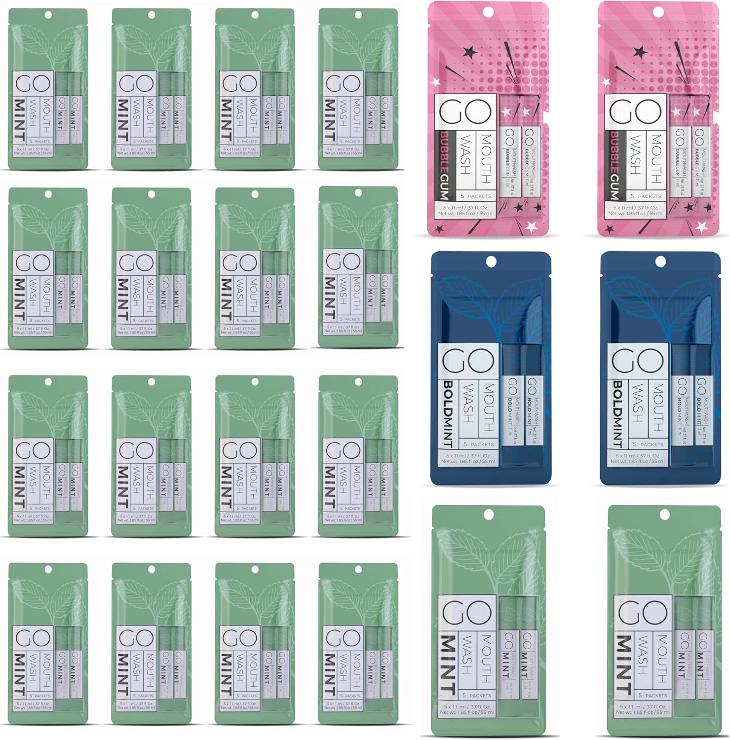 60pc Go Mouthwash Smooth Mint + 10 Bold Mint, 10 Smooth Mint and 10 Bubble Gum Mouthwash Packets