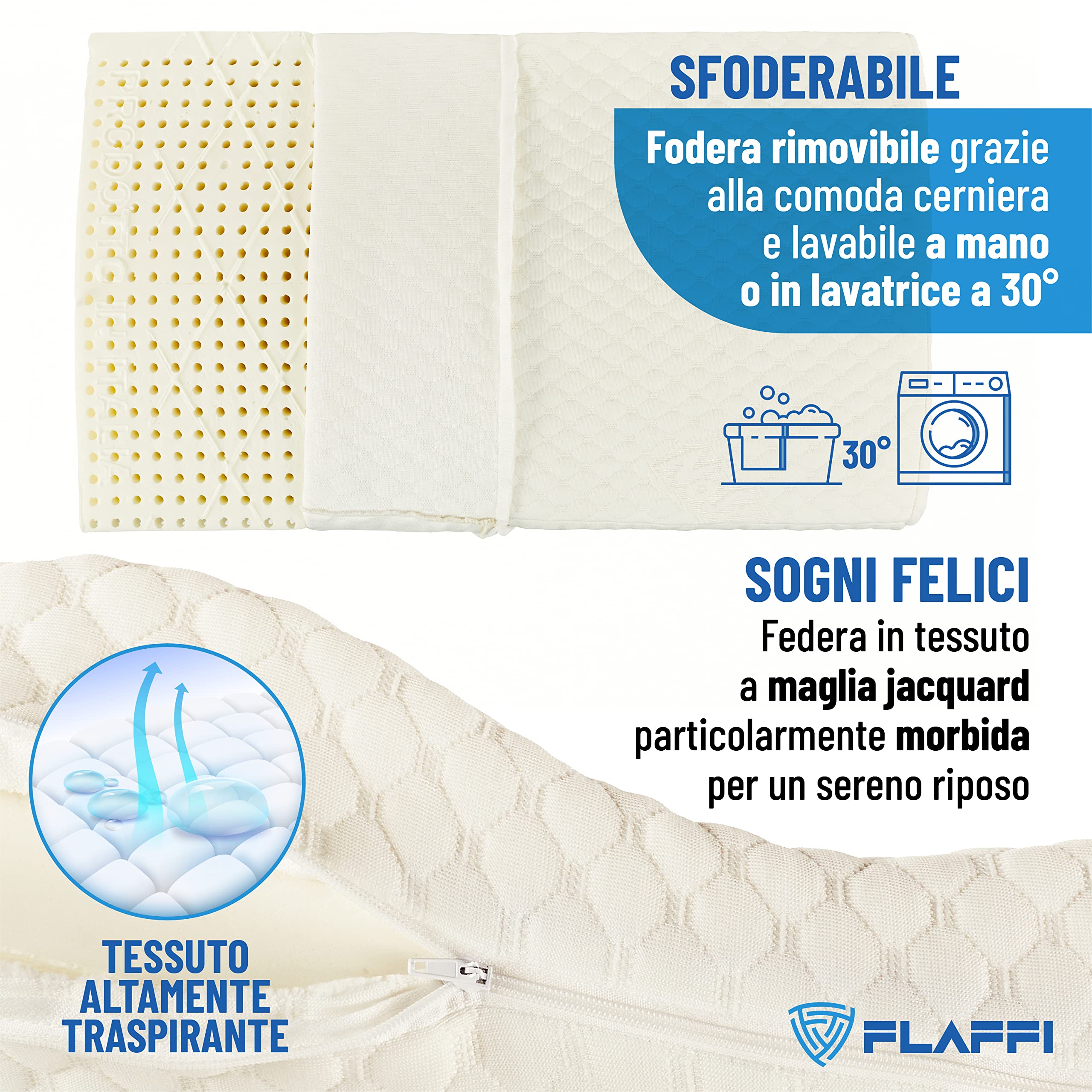 Flaffi Cuscino Cervicale Per Dormire - Guanciale Memory Foam Doppia Onda e Federa Antiacaro, Made In Italy, 70x40x12/10