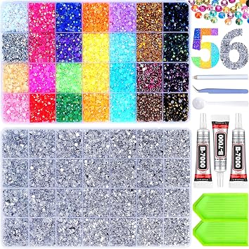 46000Pcs Jelly Rhinestones for Bedazzling, 2 Boxes Multicolor 4mm & Silver Clear 2/3/4/5/6mm Resin Flatback Gems for Crafting, Bedazzler Kit with 3Pcs 15ml B7000 Jewelry Glue for Book Clothes Crafts