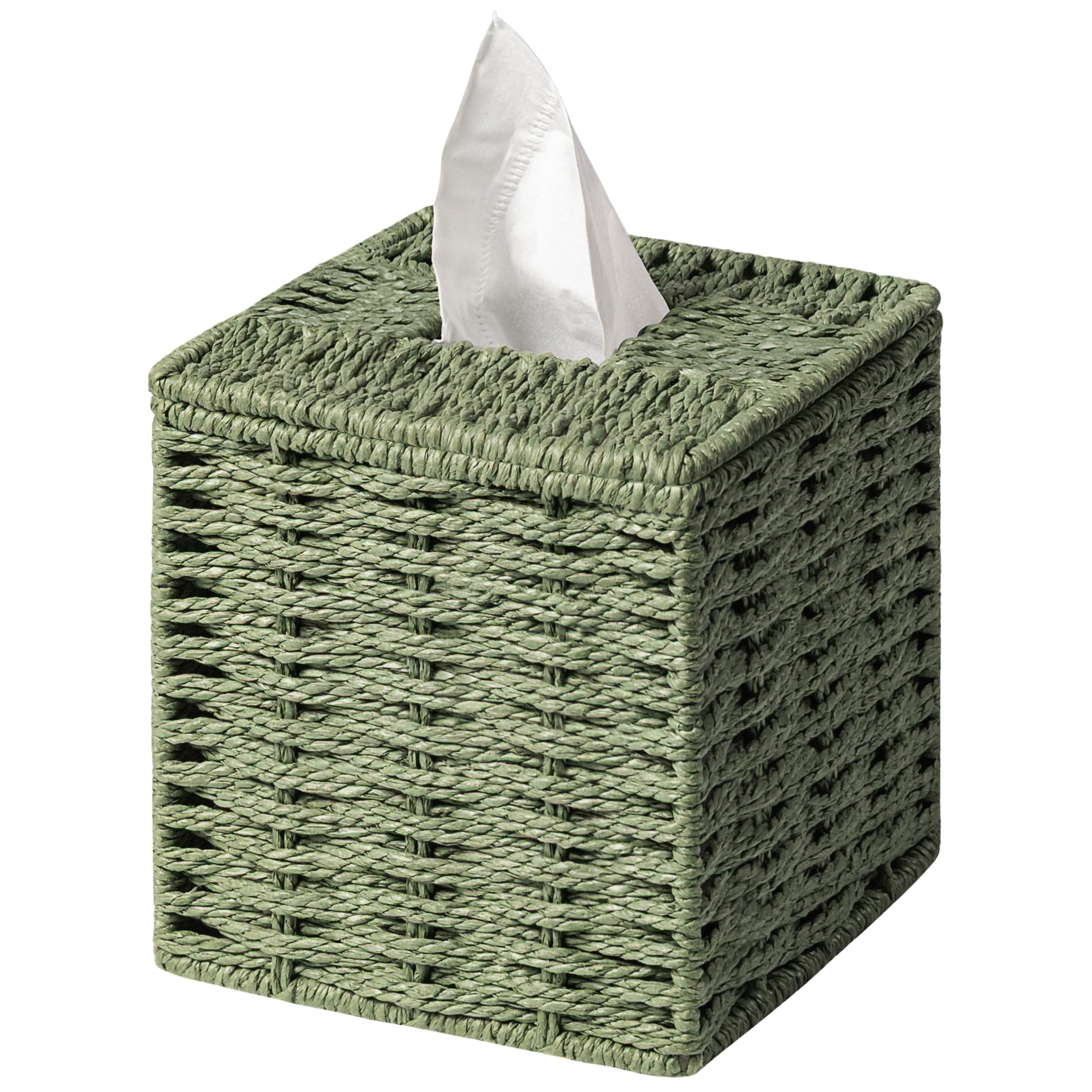 Tissue Box Cover, Paper Rope Hand Woven Square Tissue Box Holder for Home Decor, Bathroom Countertop, Office, Bedside Table, Dark Green