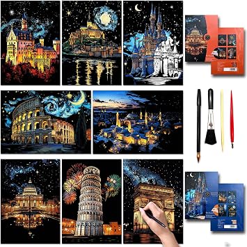 Rainbow Scratch Painting Art Kit - Scratch Art Painting for Adults and Teens, DIY Craft Kit with 4 Tools and 8 Sheets of Paper, Ancient Cities Series Creative Gifts 16x11European