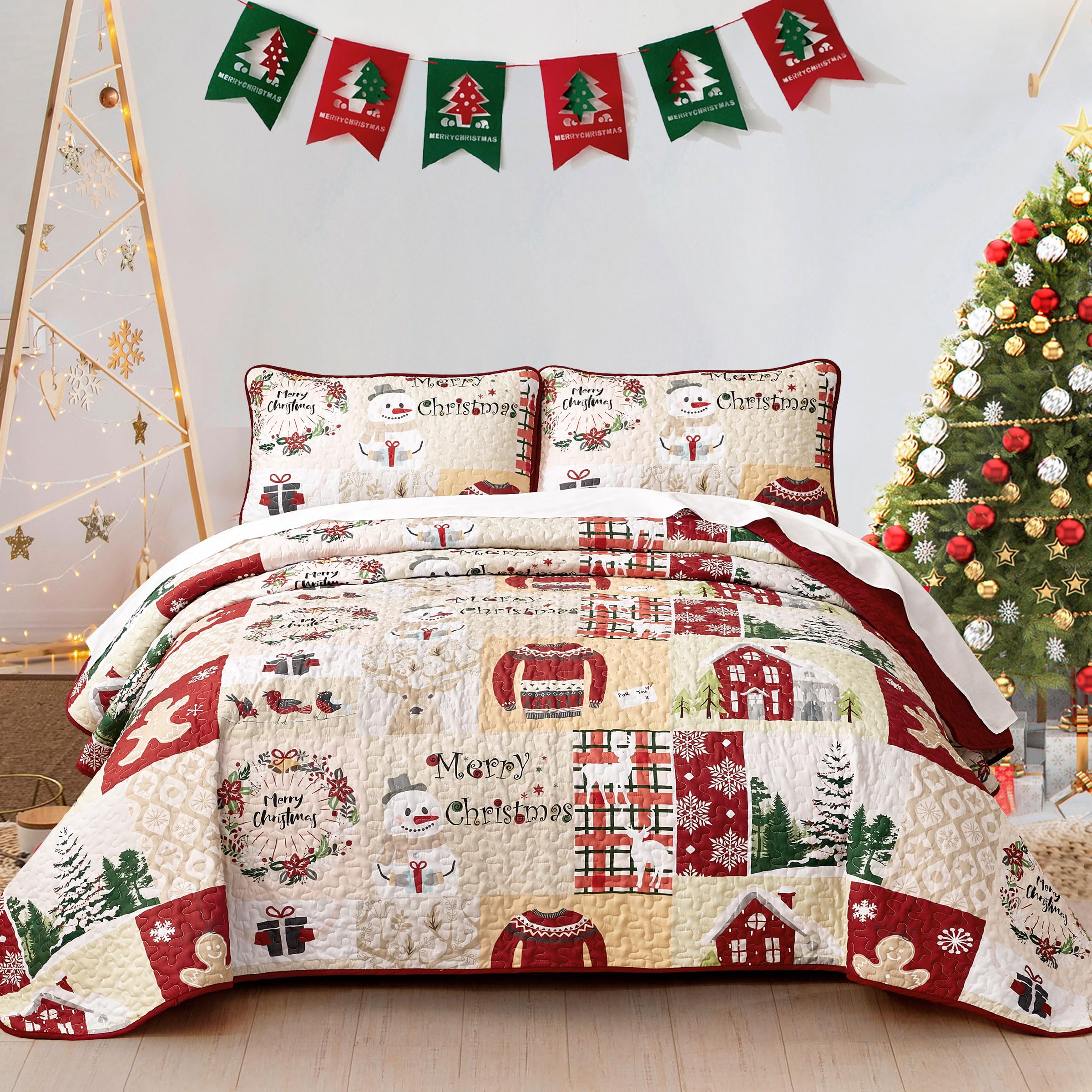 DJY Christmas Quilt Set Queen Size, Gingerbread Snowman Patchwork Bedspread Coverlet Set 3 Pieces Red Plaid Quilt Festive New Year Rustic Lodge Bedding Set (96"x90")