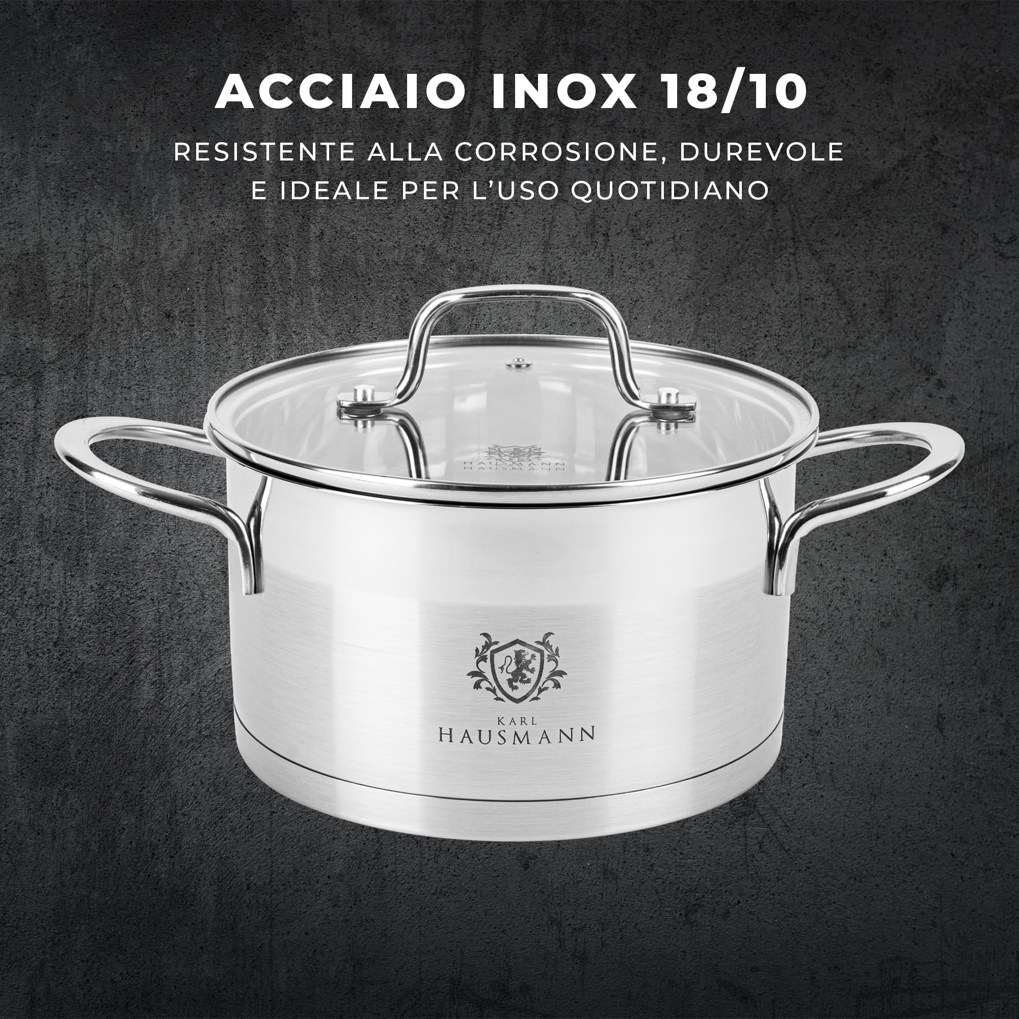 KARL HAUSMANN Pentola Acciaio Inox - 1.9L - 16 cm - Casseruola Induzione con Coperchio Vetro - Pentola Inox 18/10 - Scala Misura - Per Tutti i Fuochi - Pentole Acciaio Inossidabile