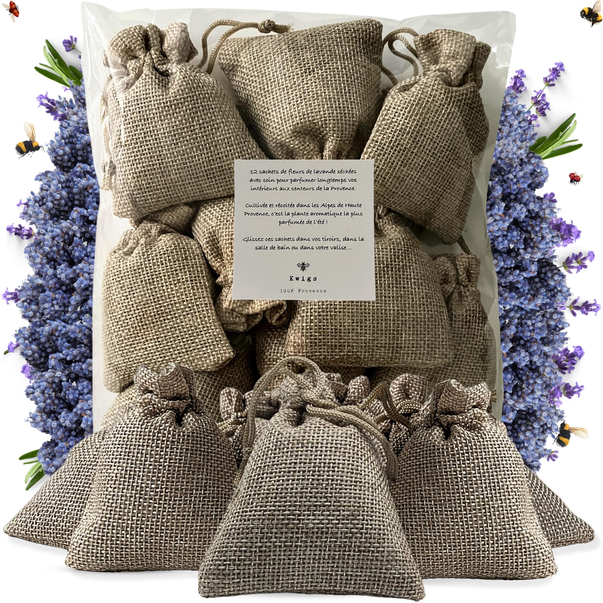 Sachet de Lavande Séchée Provence - 12 Sachets de Lavande sans OGM en Jute Doublée Remplis à la Main - Petit Sac de Lavandin pour Placards, Linge, Armoire - Fleurs de Haute Provence - Nouvelle Récolte