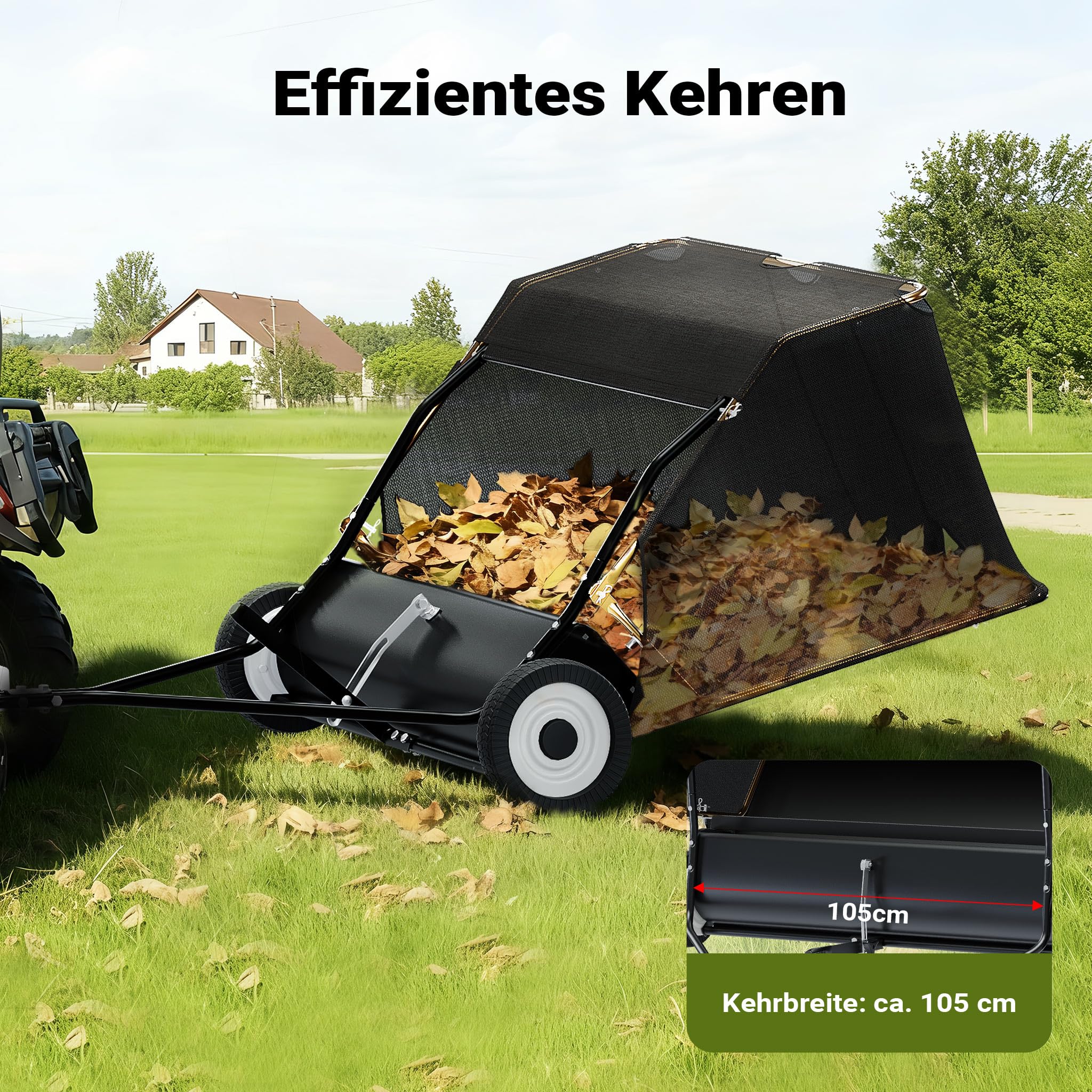 Wiltec Rasenkehrmaschine mit 105 cm Kehrbreite, Rasenkehrer für Aufsitzmäher, Laubsammler mit 365 l Auffangnetz Laubkehrmaschine für Rasentraktor