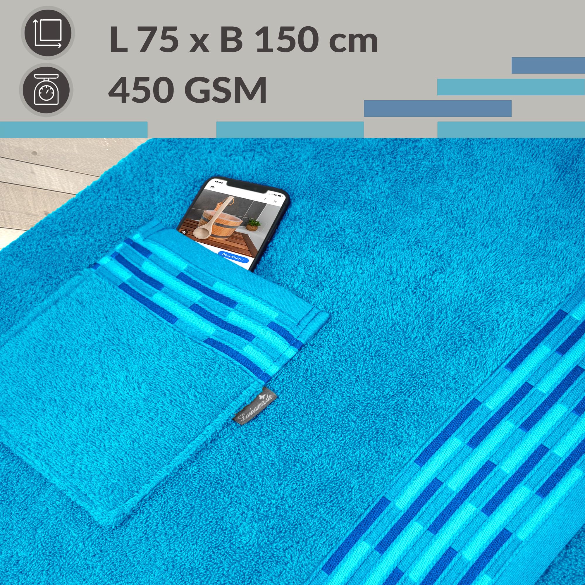 Lashuma Saunakilt Damen 75x150 cm | Lugano Saunahandtuch mit Knöpfen | Premium Saunatuch Blau - Aquamarin | Flauschig & Weich