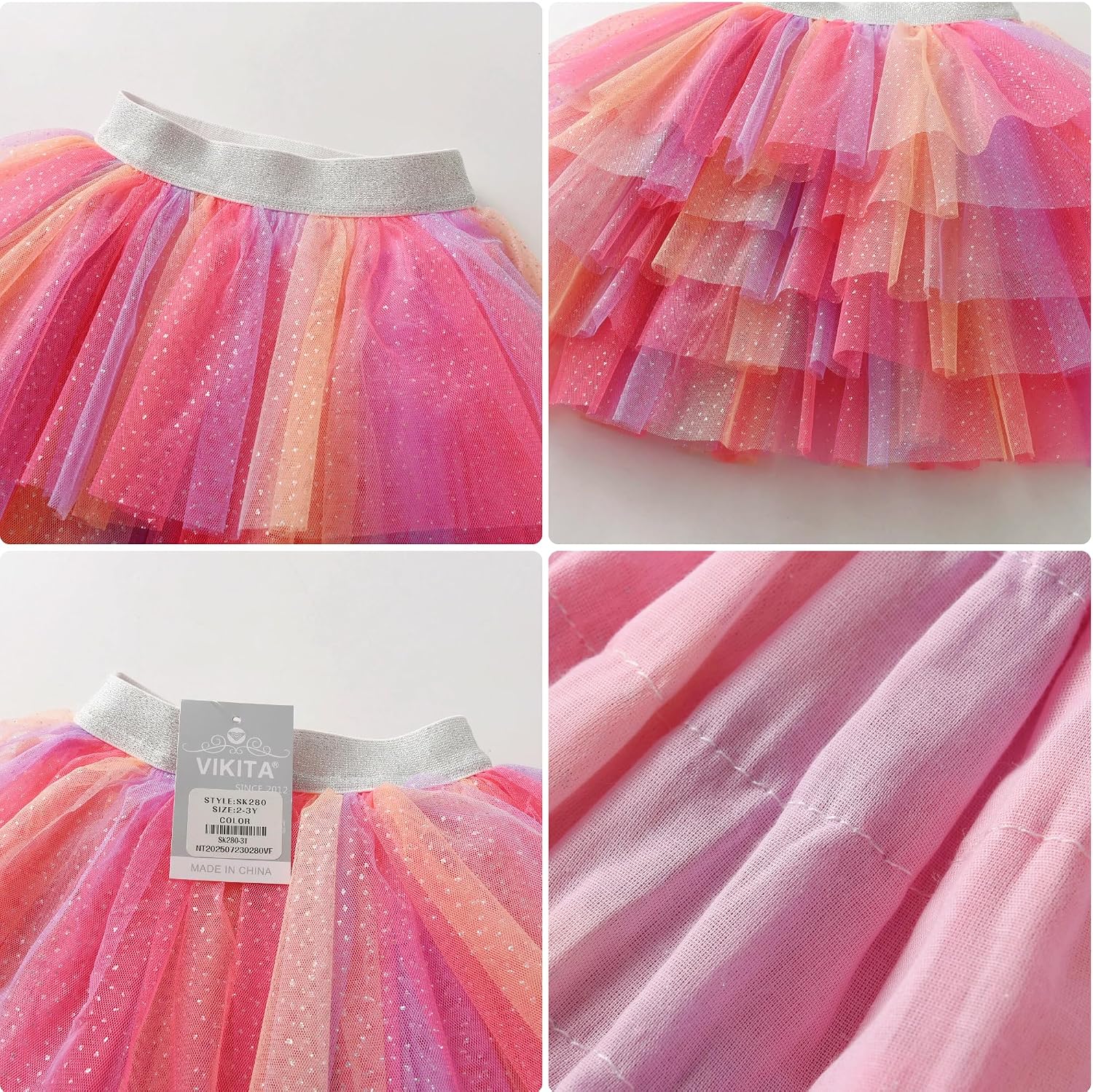 Sparkling Colorful Layered Tulle Skirt for Girls Rainbow Tutu Skirts Toddler 3-8 Years