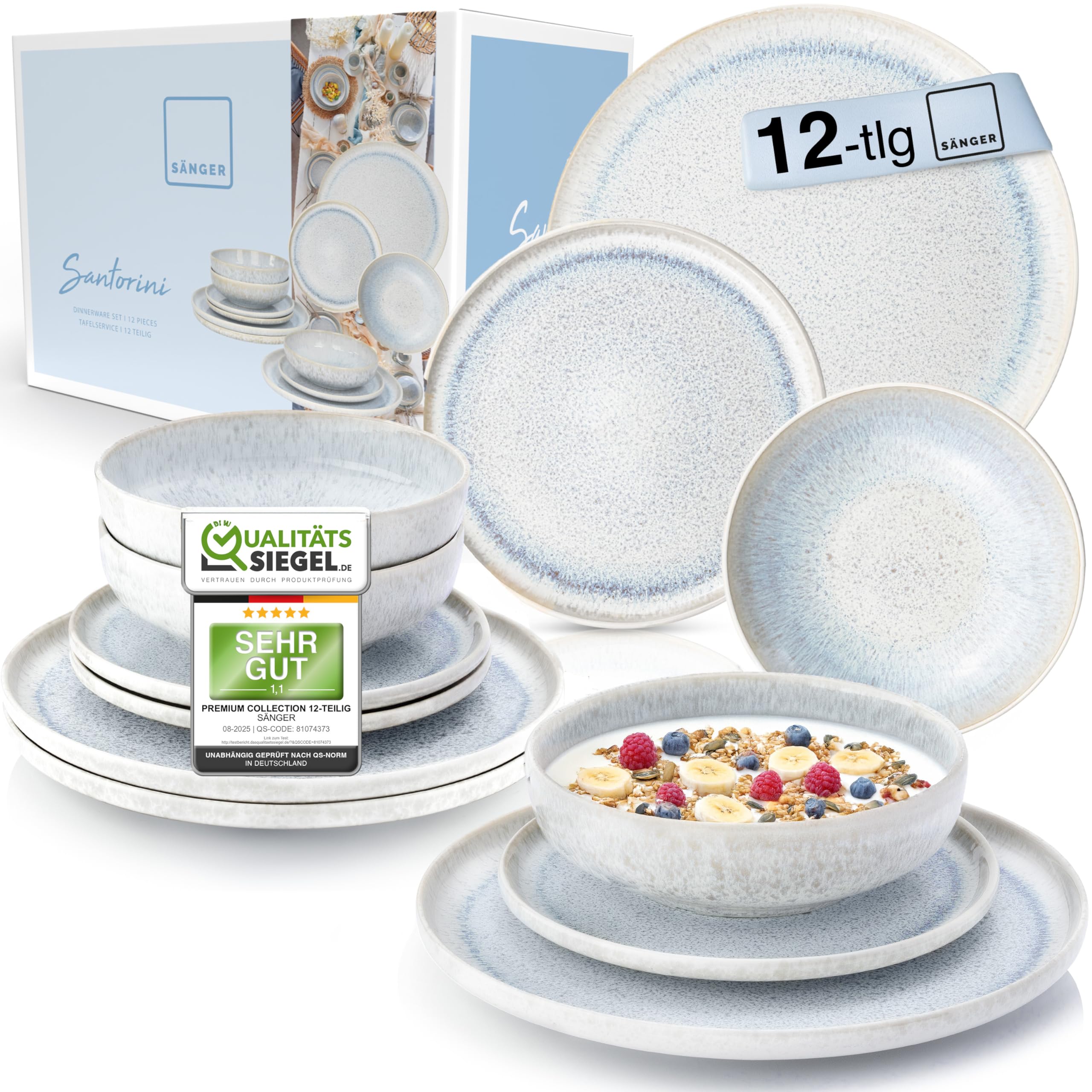 SÄNGER | Tafelservice Santorini 12 tlg, Teller Set 4 Personen TEST SEHR GUT, Steingut Geschirr Set inkl. Speise- Dessertteller & Tiefe Teller Creme mit Flieder Blauem Verlauf | PREMIUM COLLECTION