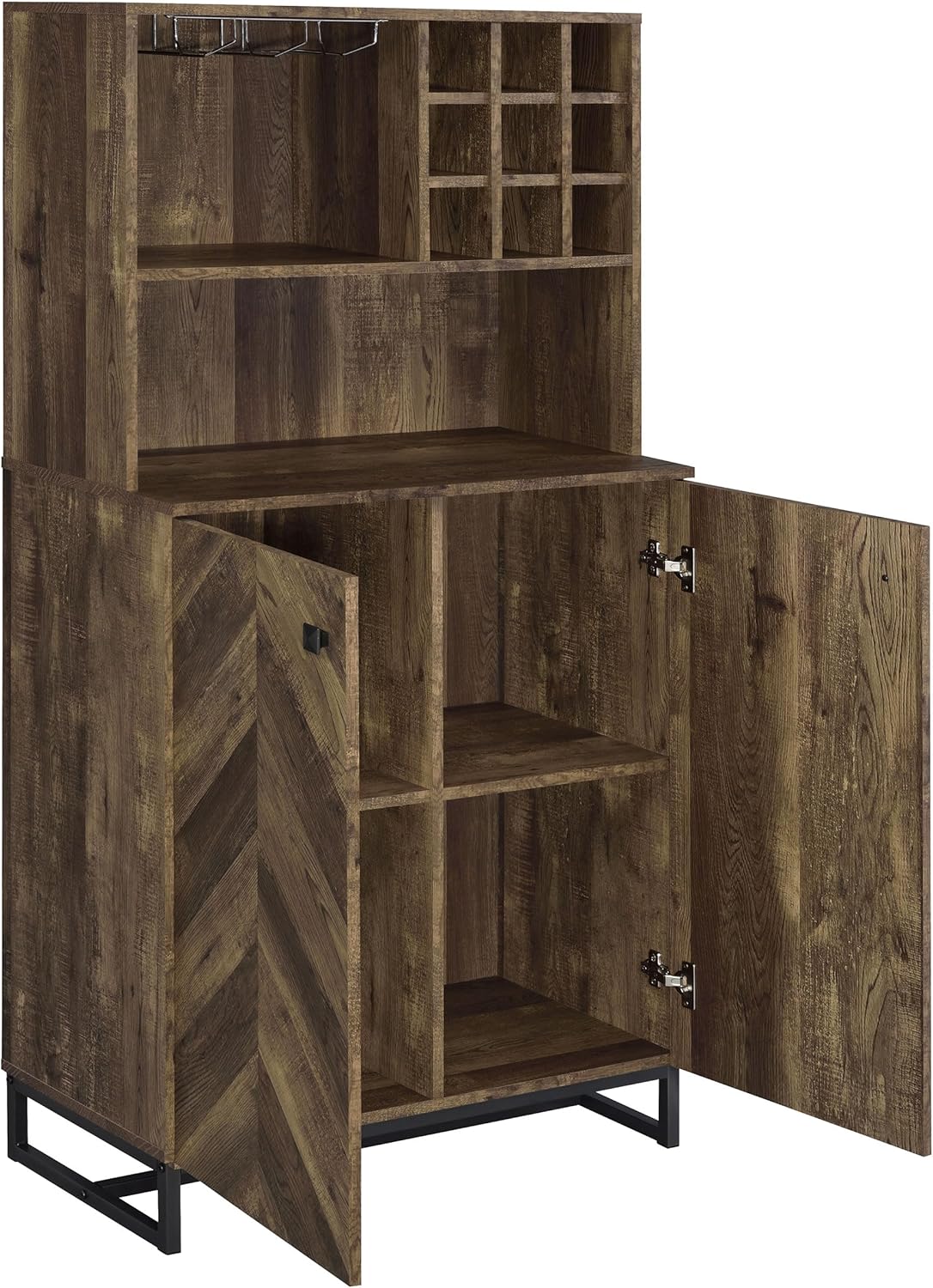 Coaster Home Furnishings - Mendoza - Wood & Metal 2-Door Home Bar Cabinet - Wine Storage with Herringbone Pattern & Stemware Rack - Farmhouse - Dining Room & Home Bar - Rustic Oak - 182082