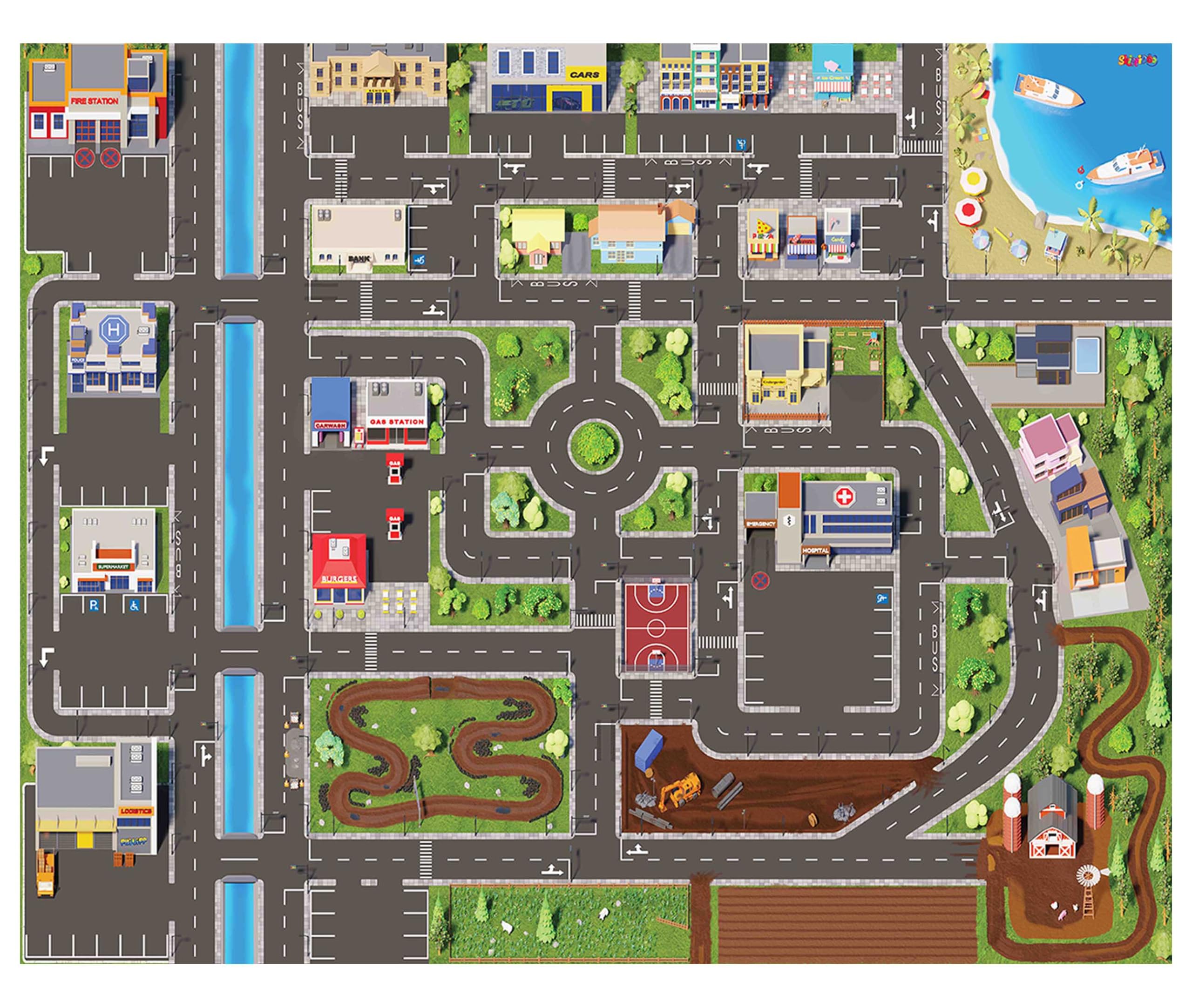 Tapis De Jeu Voiture Enfant 100x130cm - Ville Avec Routes - Imperméable Et Pliable