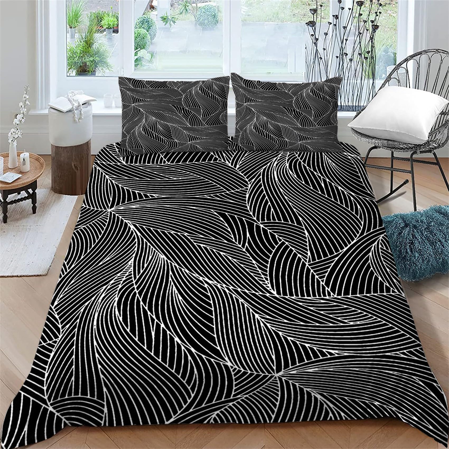 Copripiumino Matrimoniale 240x220 Foglia Linee Geometriche Biancheria da Letto Morbido Microfibra Copri Piumone e 2 Federe Abbinate, con Zip, Ipoallergenico HR2231